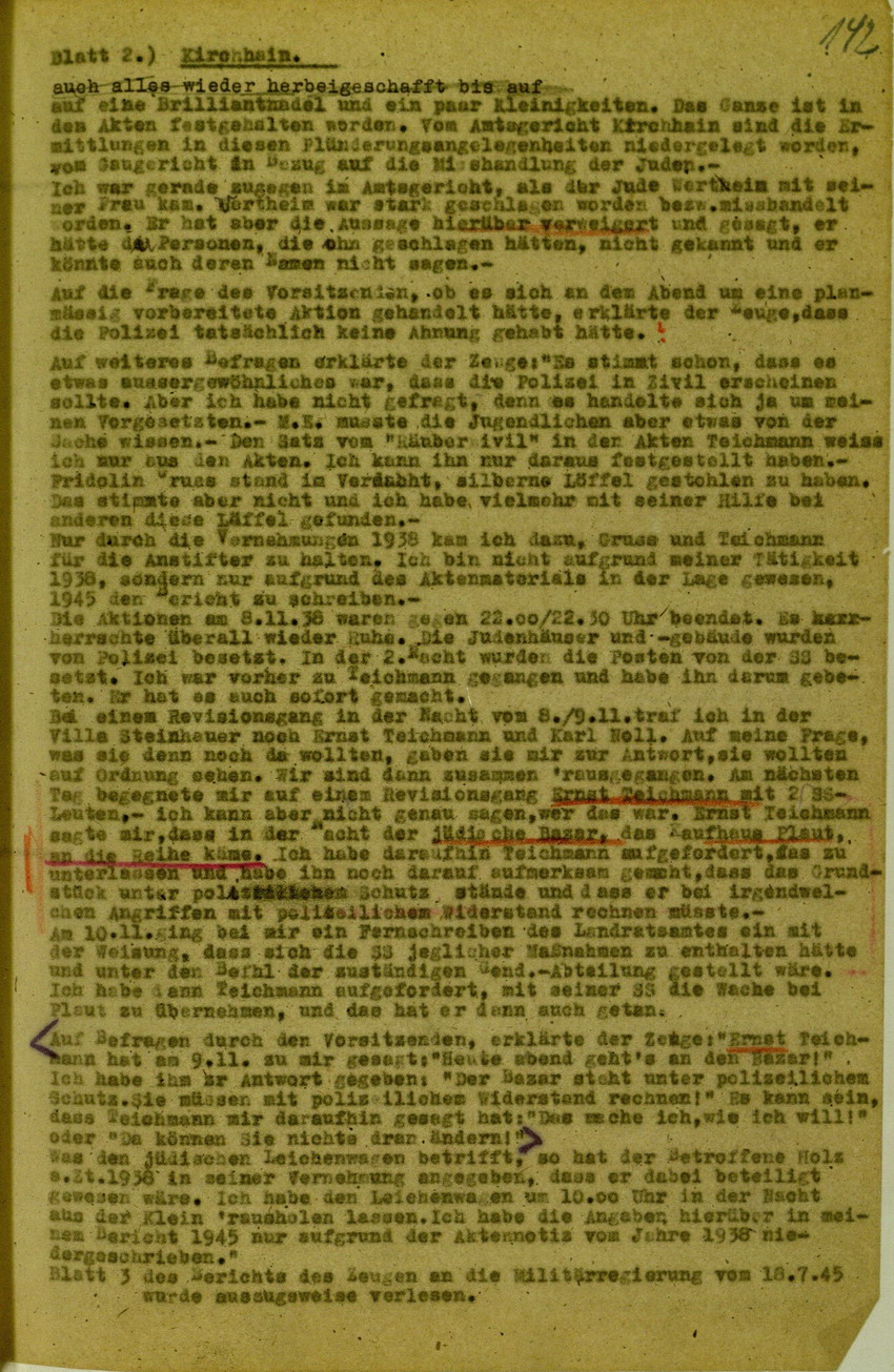 Verhandlungsprotokoll zum Spruchkammerverfahren betreffend Verhalten der örtlichen Polizeibehörden und Einschreiten gegen die Kirchhainer "Judenaktion" 1938, 5. - 16. Juli 1948 [Dokumentabschnitt 1]