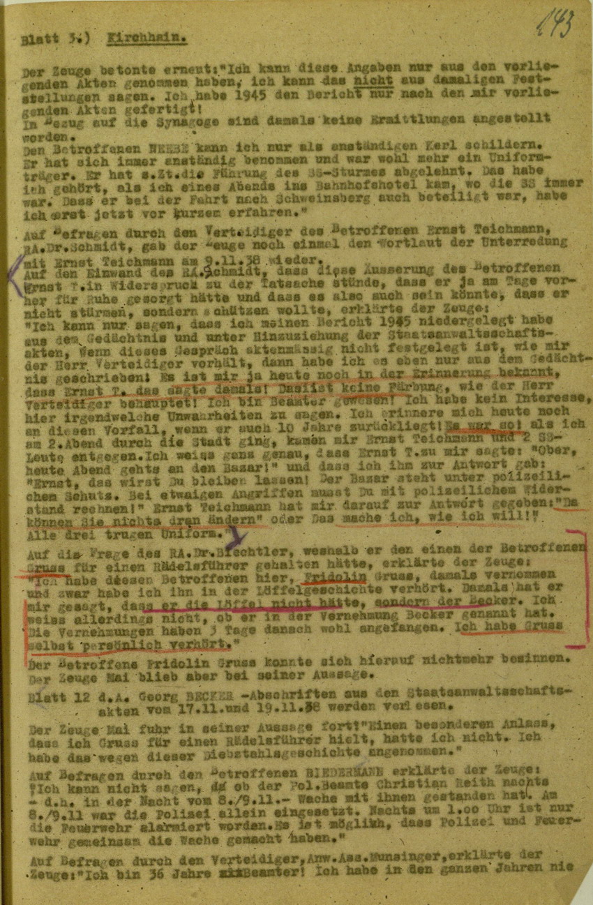 Verhandlungsprotokoll zum Spruchkammerverfahren betreffend Verhalten der örtlichen Polizeibehörden und Einschreiten gegen die Kirchhainer "Judenaktion" 1938, 5. - 16. Juli 1948 [Dokumentabschnitt 1]