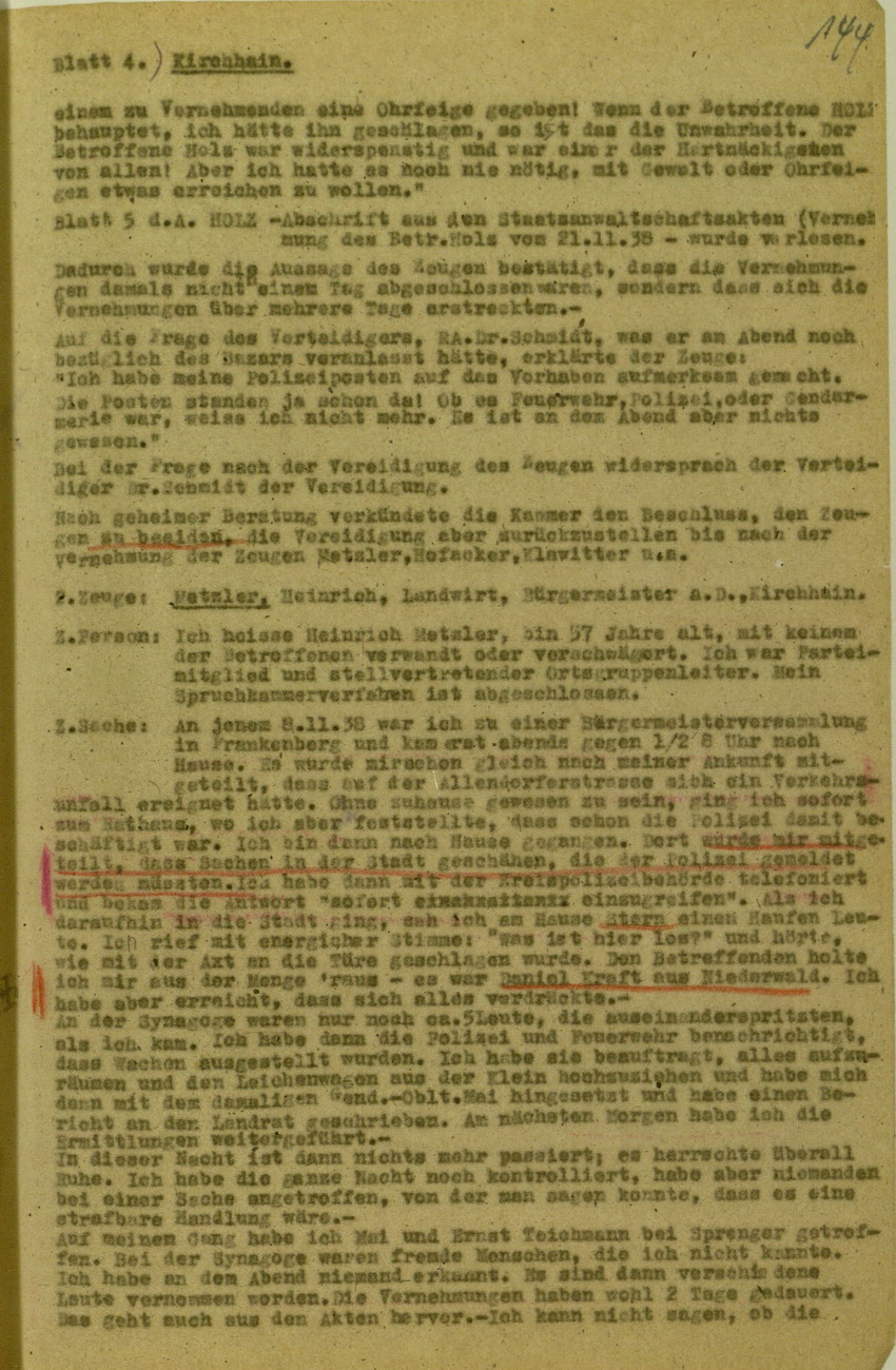 Verhandlungsprotokoll zum Spruchkammerverfahren betreffend Verhalten der örtlichen Polizeibehörden und Einschreiten gegen die Kirchhainer "Judenaktion" 1938, 5. - 16. Juli 1948 [Dokumentabschnitt 1]