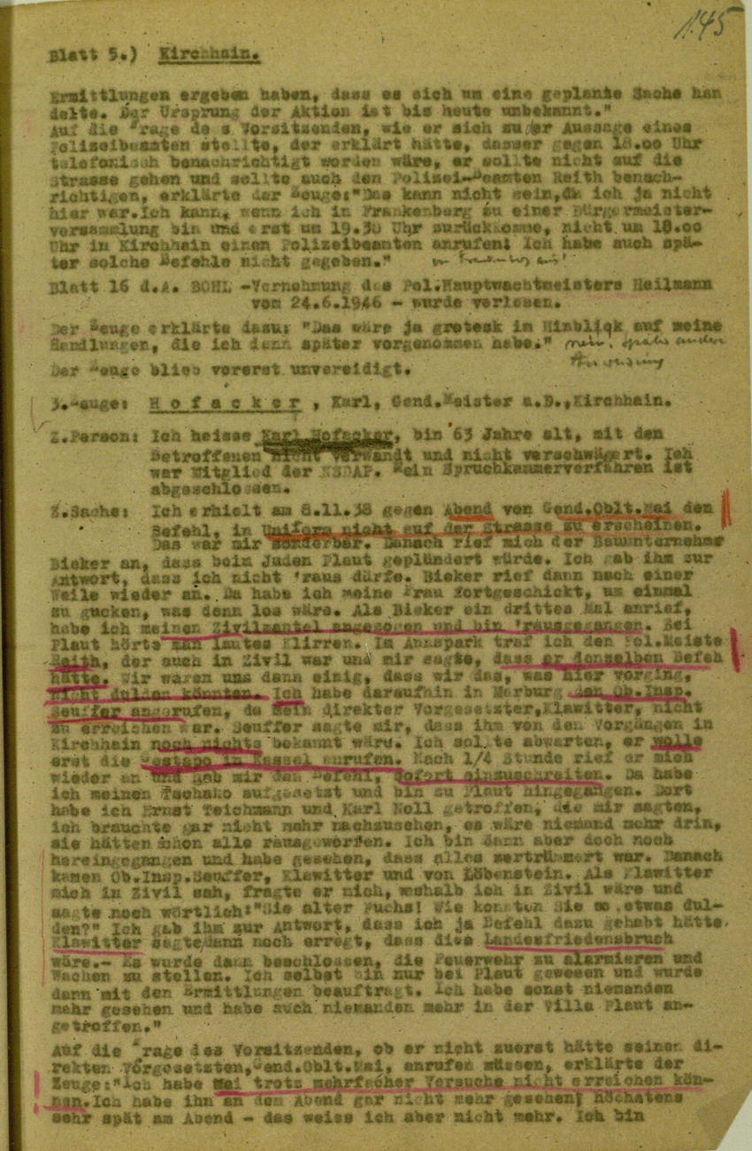 Verhandlungsprotokoll zum Spruchkammerverfahren betreffend Verhalten der örtlichen Polizeibehörden und Einschreiten gegen die Kirchhainer "Judenaktion" 1938, 5. - 16. Juli 1948 [Dokumentabschnitt 1]