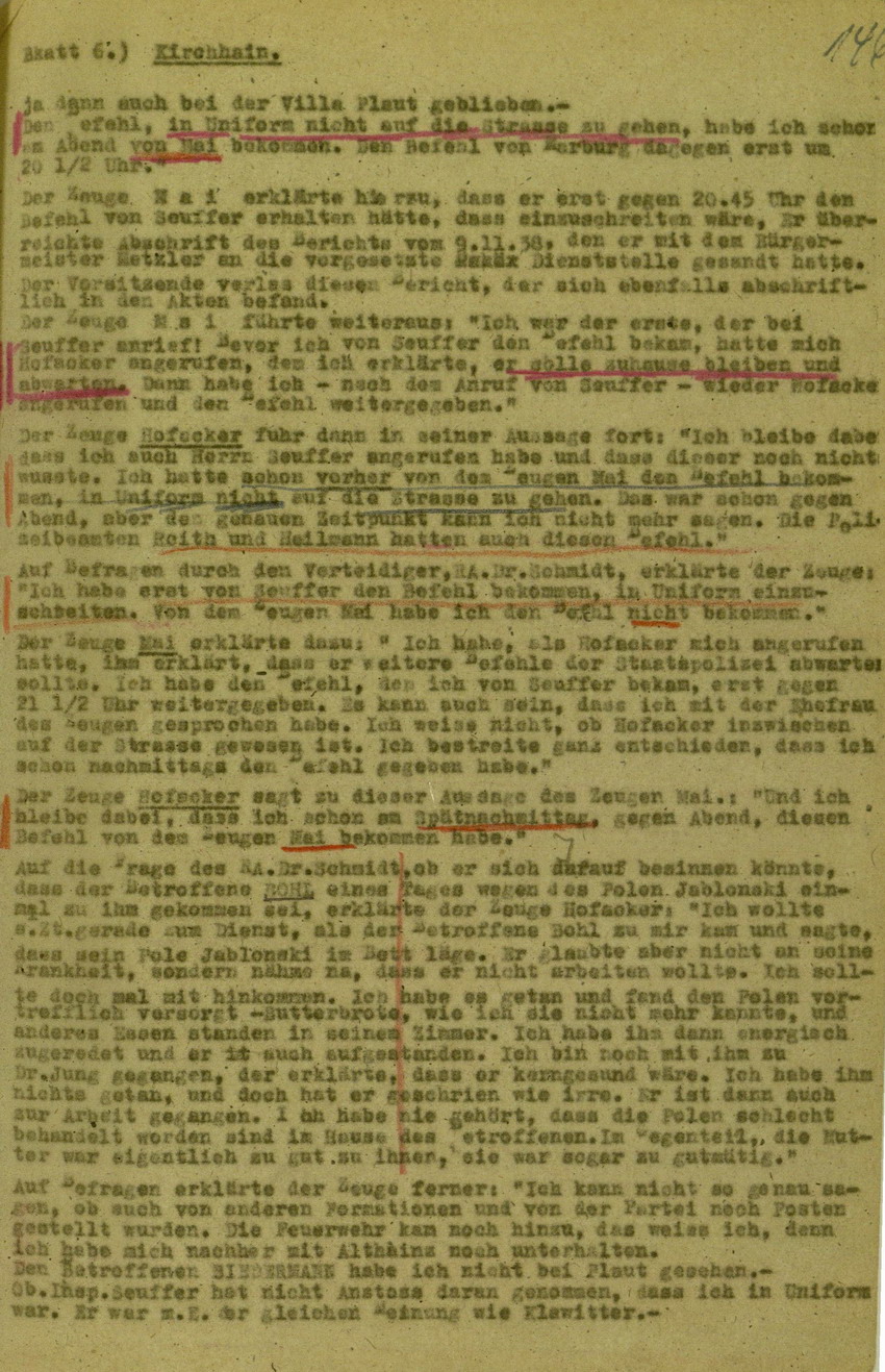 Verhandlungsprotokoll zum Spruchkammerverfahren betreffend Verhalten der örtlichen Polizeibehörden und Einschreiten gegen die Kirchhainer "Judenaktion" 1938, 5. - 16. Juli 1948 [Dokumentabschnitt 1]