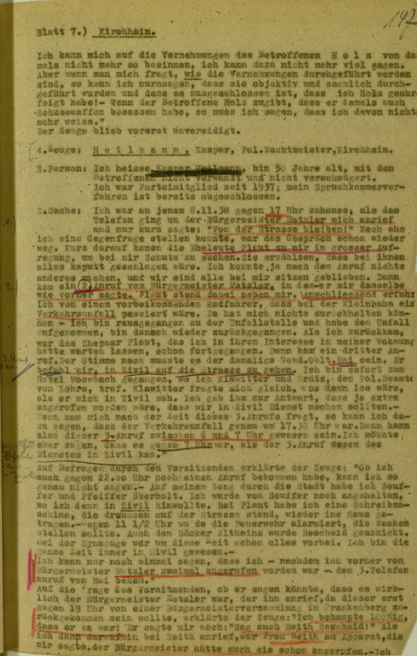 Verhandlungsprotokoll zum Spruchkammerverfahren betreffend Verhalten der örtlichen Polizeibehörden und Einschreiten gegen die Kirchhainer "Judenaktion" 1938, 5. - 16. Juli 1948 [Dokumentabschnitt 1]