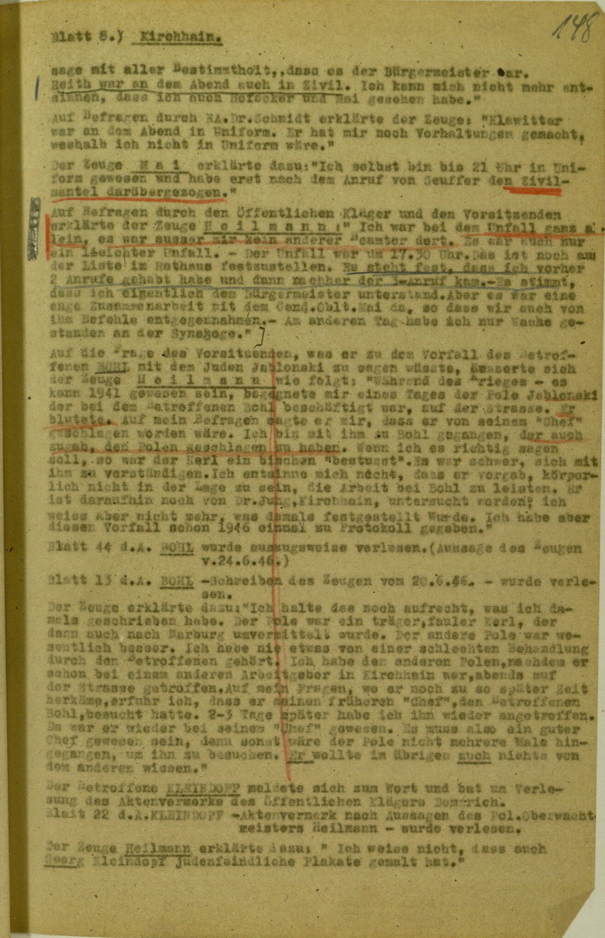 Verhandlungsprotokoll zum Spruchkammerverfahren betreffend Verhalten der örtlichen Polizeibehörden und Einschreiten gegen die Kirchhainer "Judenaktion" 1938, 5. - 16. Juli 1948 [Dokumentabschnitt 1]
