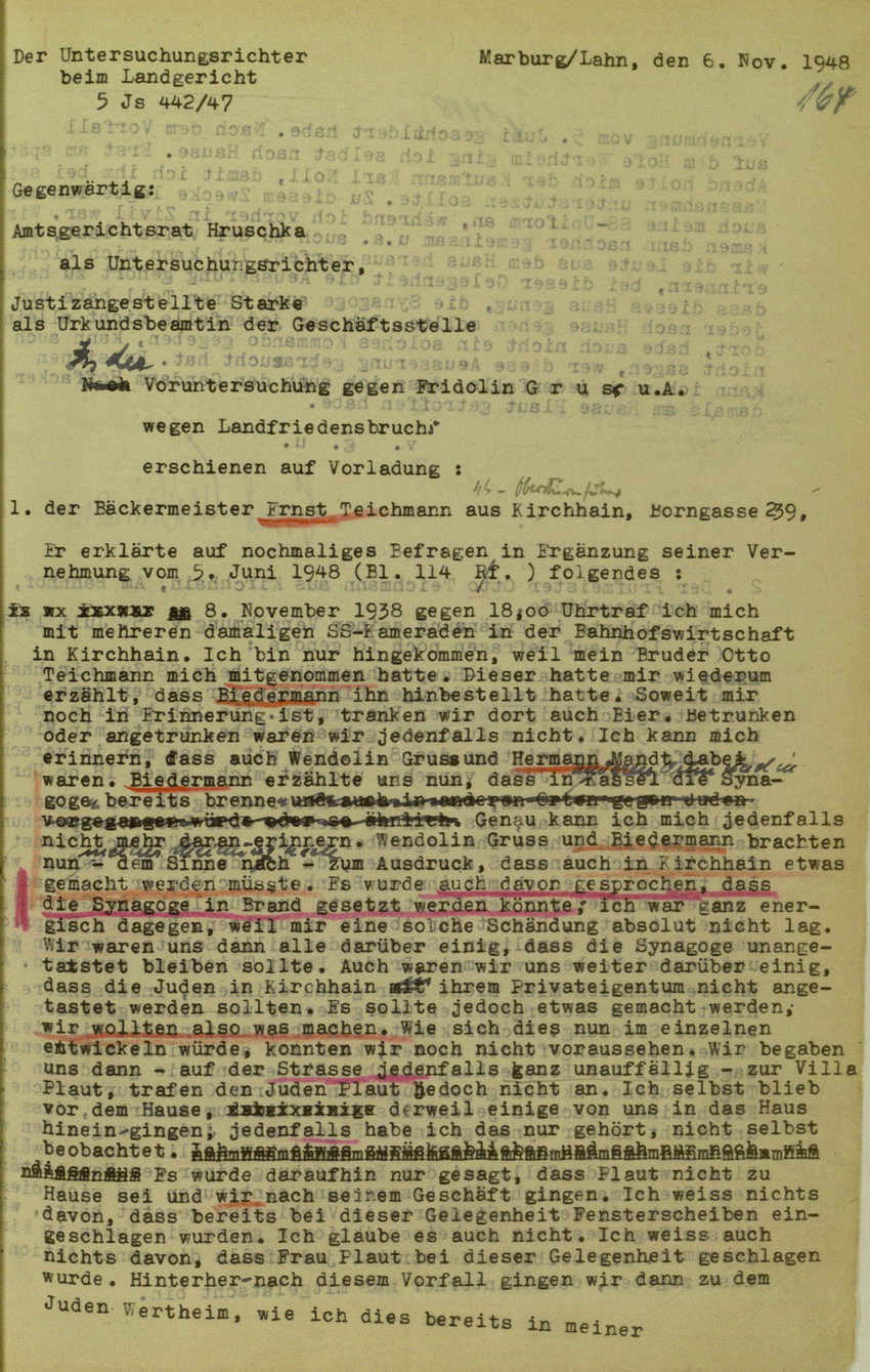 Ergänzende Zeugenaussage von Ernst Teichmann betreffend Plan und und Anweisung zur Kirchhainer "Judenaktion" 1938, 6. November 1948