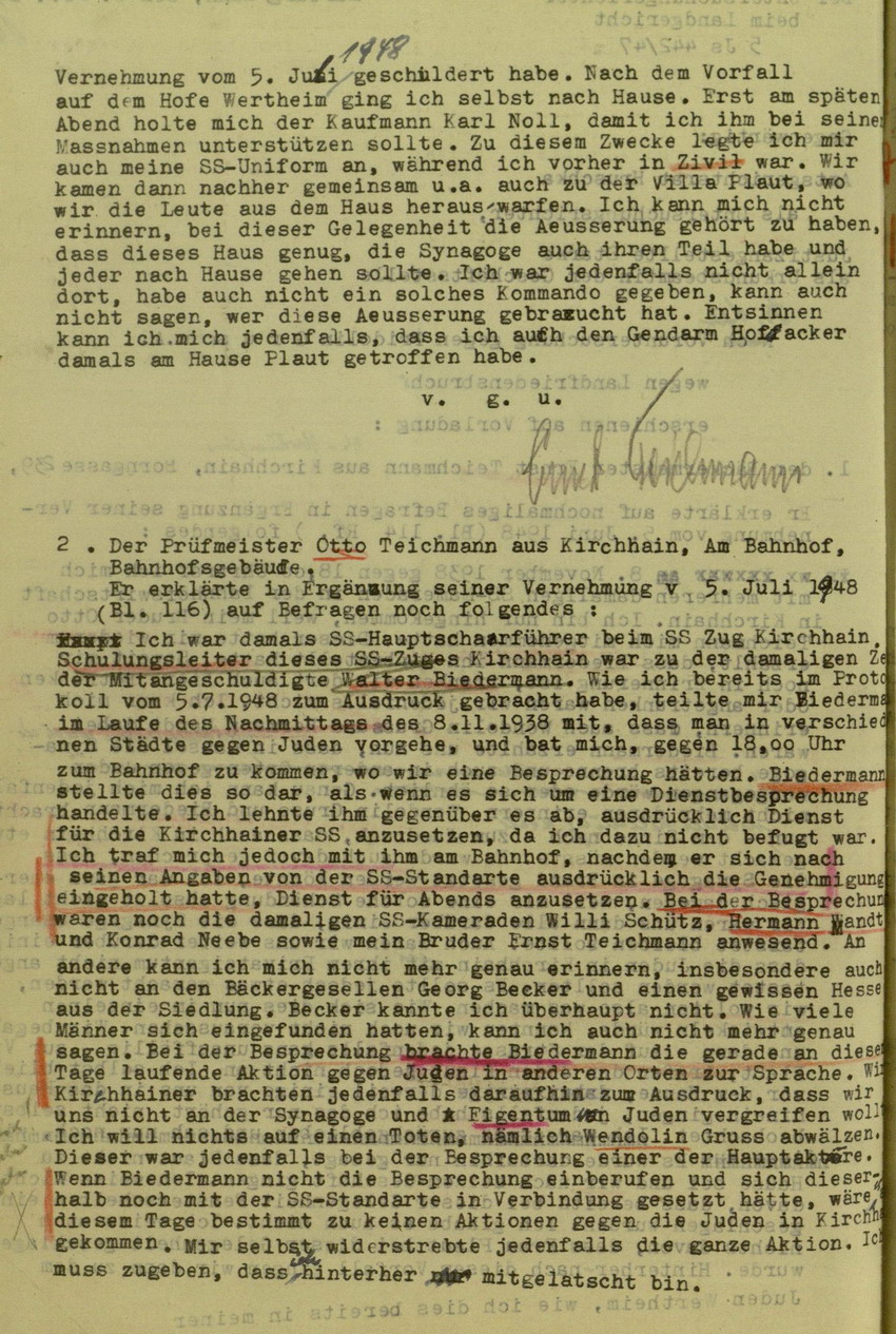 Ergänzende Zeugenaussage von Ernst Teichmann betreffend Plan und und Anweisung zur Kirchhainer "Judenaktion" 1938, 6. November 1948