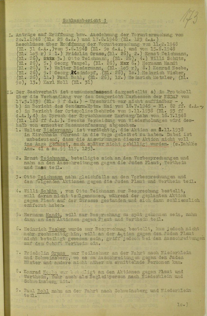 Schlussbericht des Untersuchungsrichters beim Landgericht Marburg betreffend Kirchhainer "Judenaktion" vom 8. November 1938, 18. November 1948