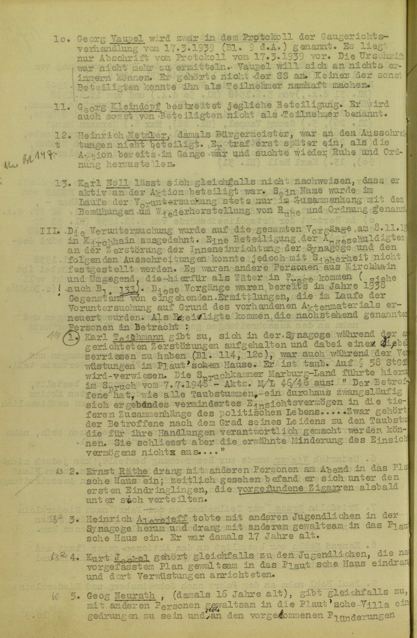 Schlussbericht des Untersuchungsrichters beim Landgericht Marburg betreffend Kirchhainer "Judenaktion" vom 8. November 1938, 18. November 1948