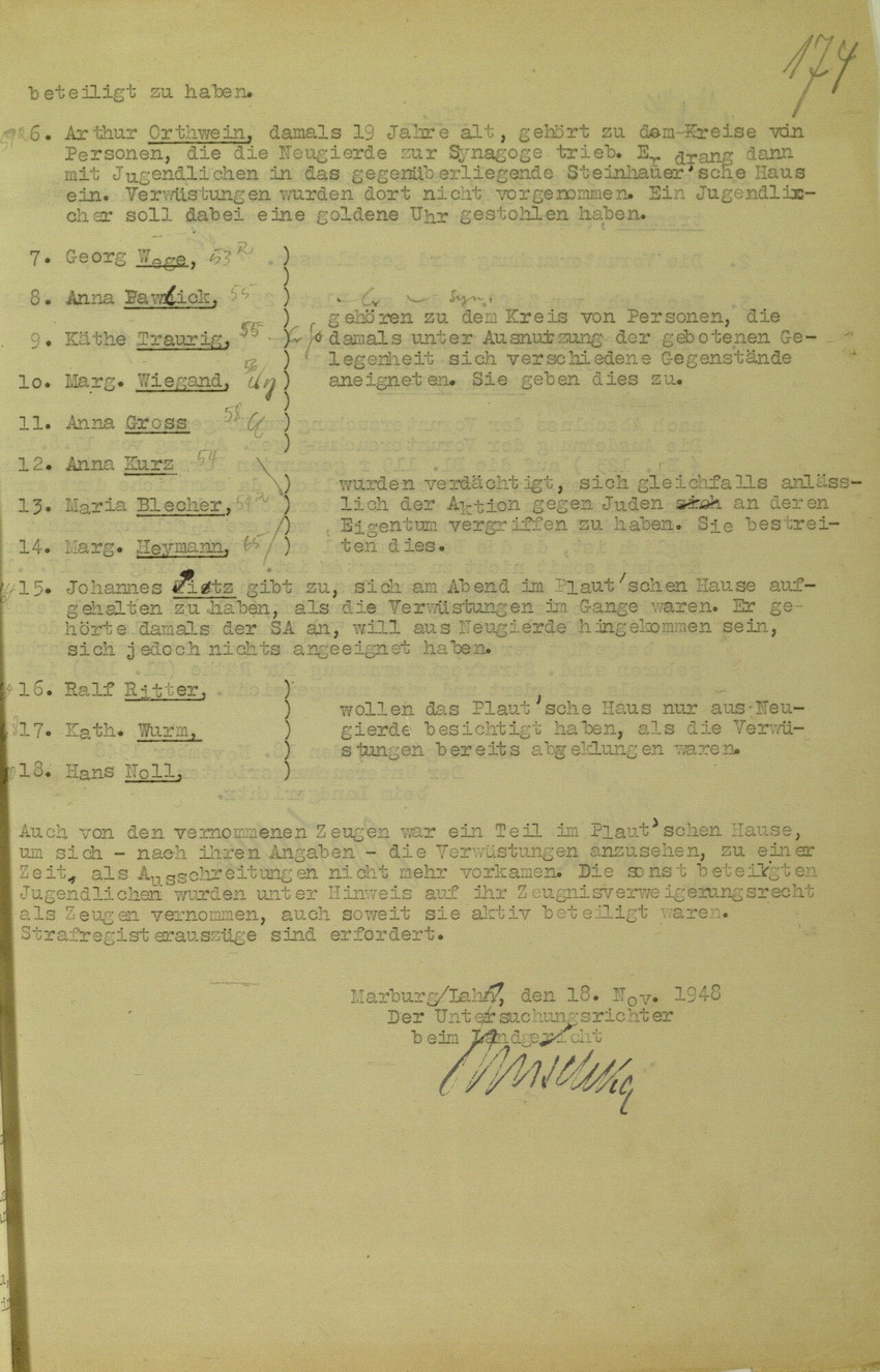 Schlussbericht des Untersuchungsrichters beim Landgericht Marburg betreffend Kirchhainer "Judenaktion" vom 8. November 1938, 18. November 1948