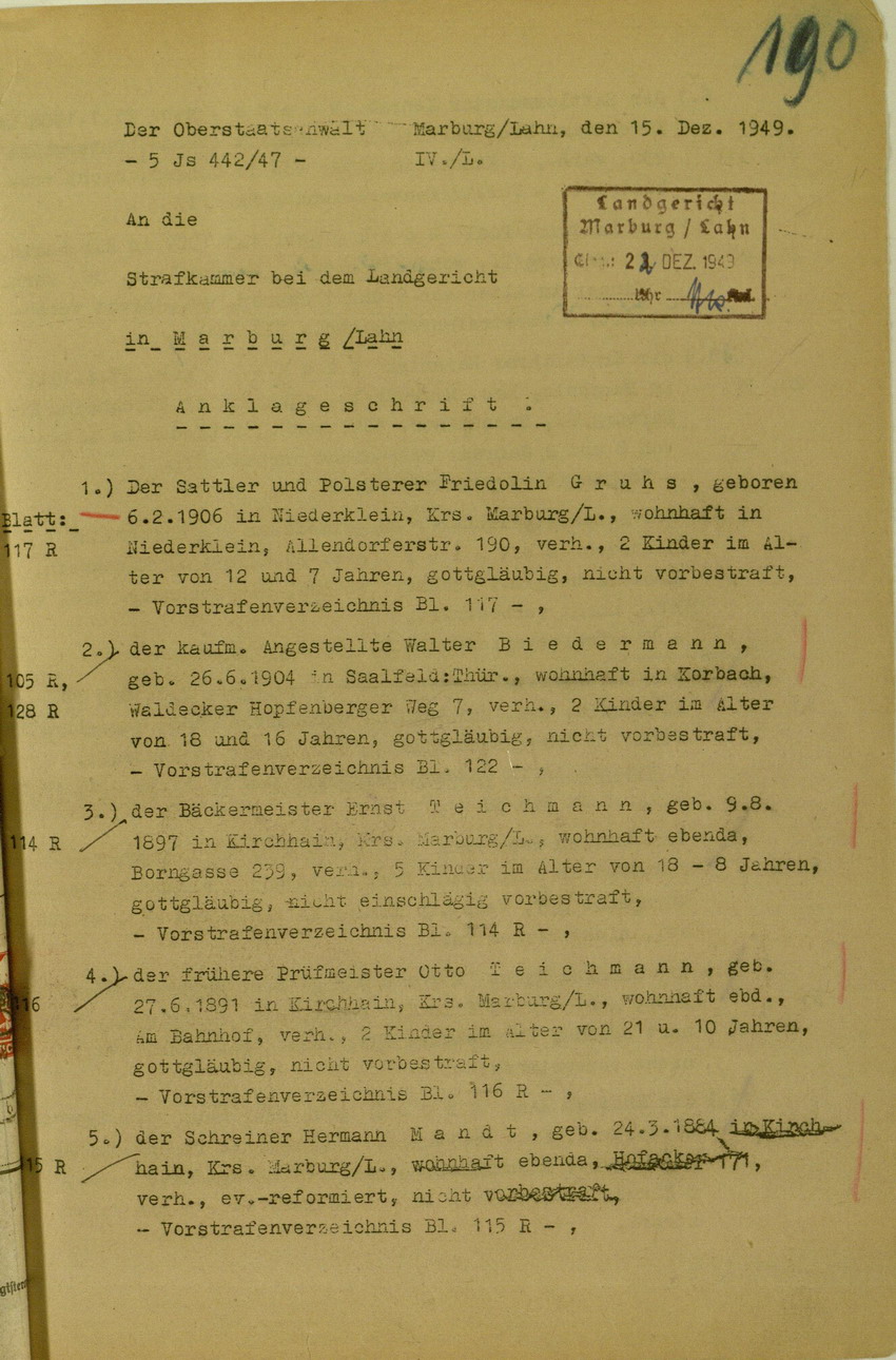Anklageschrift des Oberstaatsanwaltes Hadding in Marburg/L. betreffend Beteiligung an der Kirchhainer "Judenaktion" am 8. November 1938, 15. Dezember 1949 [Dokumentabschnitt 1]