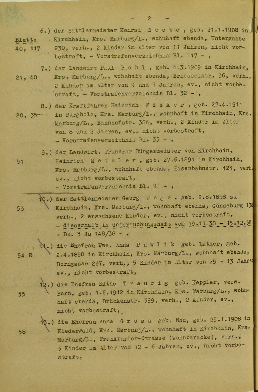 Anklageschrift des Oberstaatsanwaltes Hadding in Marburg/L. betreffend Beteiligung an der Kirchhainer "Judenaktion" am 8. November 1938, 15. Dezember 1949 [Dokumentabschnitt 1]