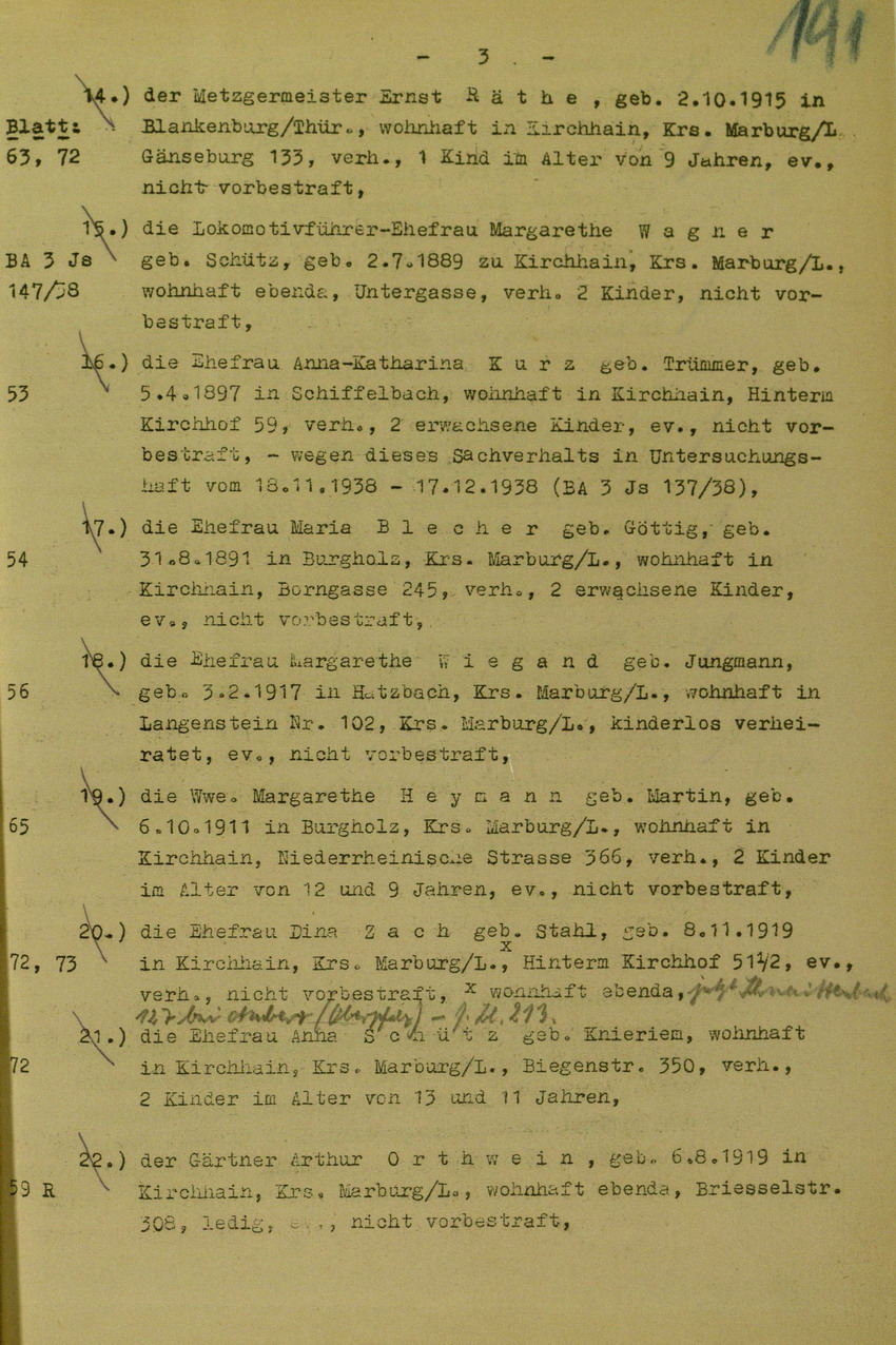 Anklageschrift des Oberstaatsanwaltes Hadding in Marburg/L. betreffend Beteiligung an der Kirchhainer "Judenaktion" am 8. November 1938, 15. Dezember 1949 [Dokumentabschnitt 1]