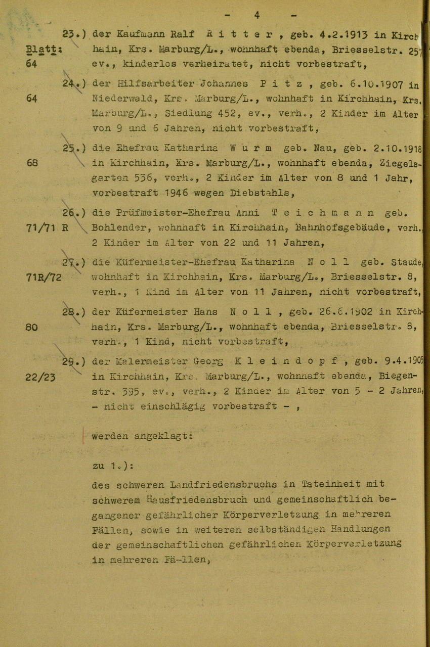 Anklageschrift des Oberstaatsanwaltes Hadding in Marburg/L. betreffend Beteiligung an der Kirchhainer "Judenaktion" am 8. November 1938, 15. Dezember 1949 [Dokumentabschnitt 1]
