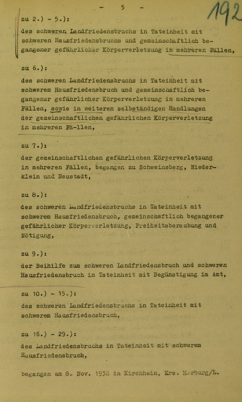 Anklageschrift des Oberstaatsanwaltes Hadding in Marburg/L. betreffend Beteiligung an der Kirchhainer "Judenaktion" am 8. November 1938, 15. Dezember 1949 [Dokumentabschnitt 1]