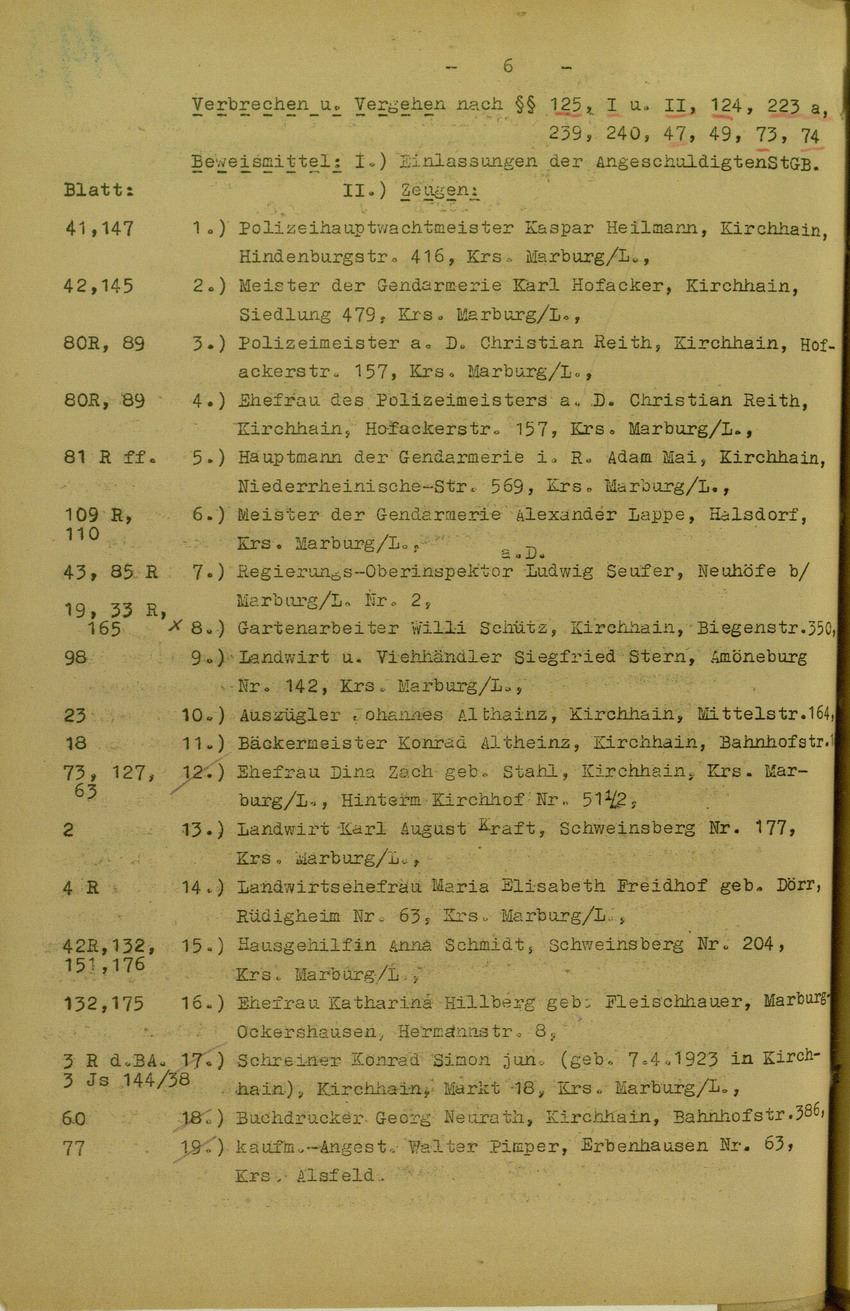 Anklageschrift des Oberstaatsanwaltes Hadding in Marburg/L. betreffend Beteiligung an der Kirchhainer "Judenaktion" am 8. November 1938, 15. Dezember 1949 [Dokumentabschnitt 1]