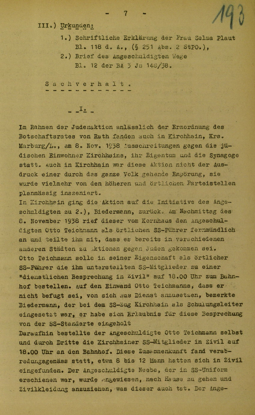 Anklageschrift des Oberstaatsanwaltes Hadding in Marburg/L. betreffend Beteiligung an der Kirchhainer "Judenaktion" am 8. November 1938, 15. Dezember 1949 [Dokumentabschnitt 1]
