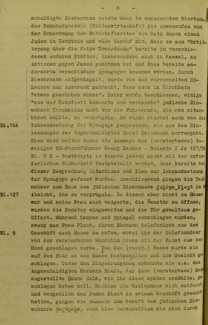 Anklageschrift des Oberstaatsanwaltes Hadding in Marburg/L. betreffend Beteiligung an der Kirchhainer "Judenaktion" am 8. November 1938, 15. Dezember 1949 [Dokumentabschnitt 1]
