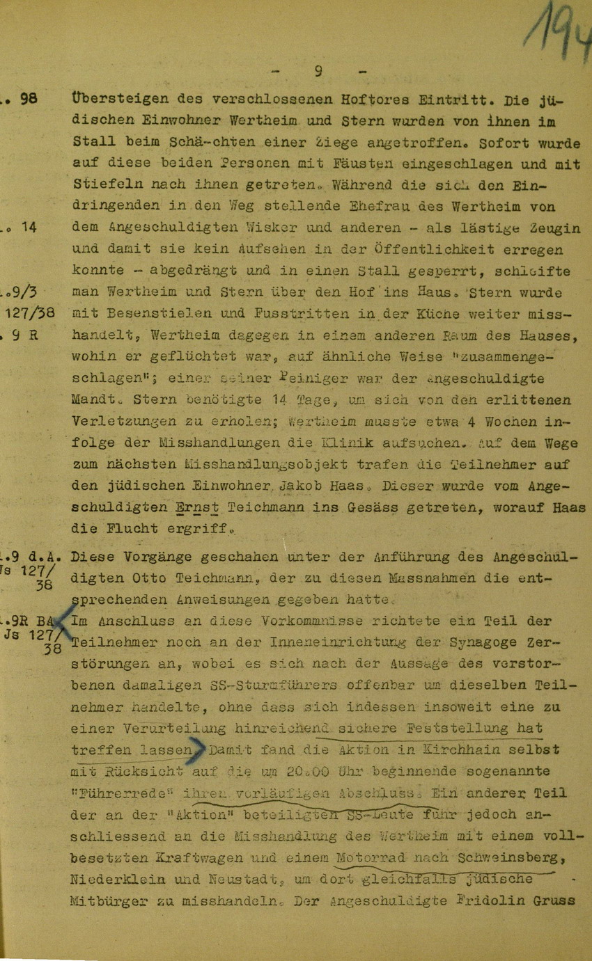 Anklageschrift des Oberstaatsanwaltes Hadding in Marburg/L. betreffend Beteiligung an der Kirchhainer "Judenaktion" am 8. November 1938, 15. Dezember 1949 [Dokumentabschnitt 2]
