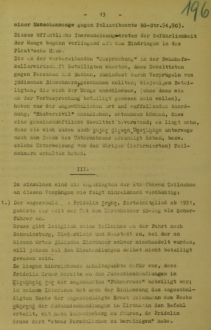 Anklageschrift des Oberstaatsanwaltes Hadding in Marburg/L. betreffend Beteiligung an der Kirchhainer "Judenaktion" am 8. November 1938, 15. Dezember 1949 [Dokumentabschnitt 2]