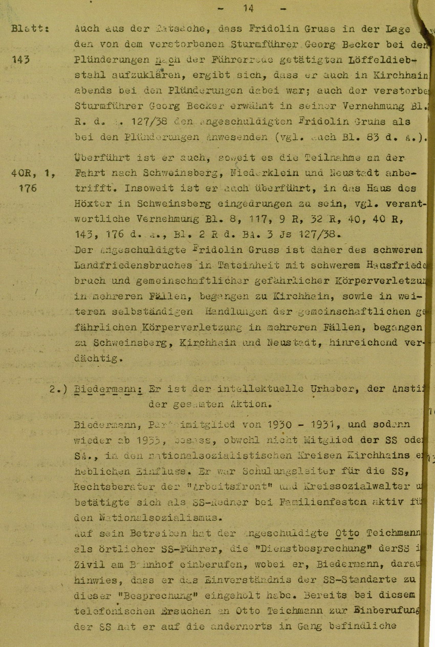 Anklageschrift des Oberstaatsanwaltes Hadding in Marburg/L. betreffend Beteiligung an der Kirchhainer "Judenaktion" am 8. November 1938, 15. Dezember 1949 [Dokumentabschnitt 2]