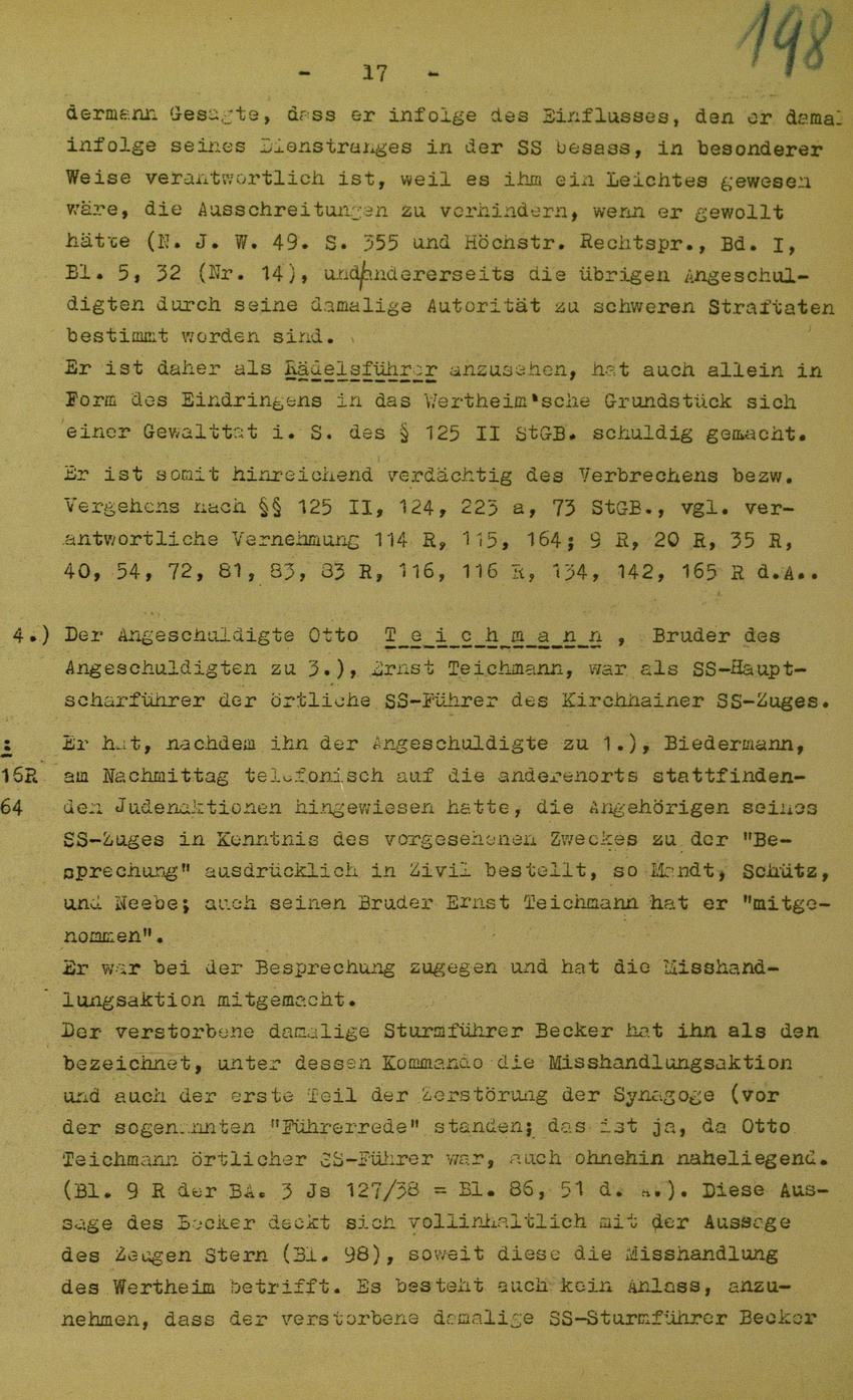 Anklageschrift des Oberstaatsanwaltes Hadding in Marburg/L. betreffend Beteiligung an der Kirchhainer "Judenaktion" am 8. November 1938, 15. Dezember 1949 [Dokumentabschnitt 3]