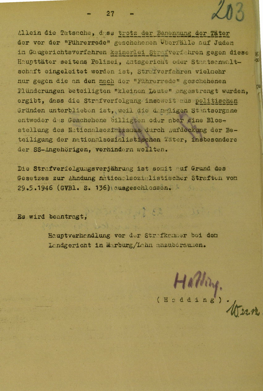 Anklageschrift des Oberstaatsanwaltes Hadding in Marburg/L. betreffend Beteiligung an der Kirchhainer "Judenaktion" am 8. November 1938, 15. Dezember 1949 [Dokumentabschnitt 4]
