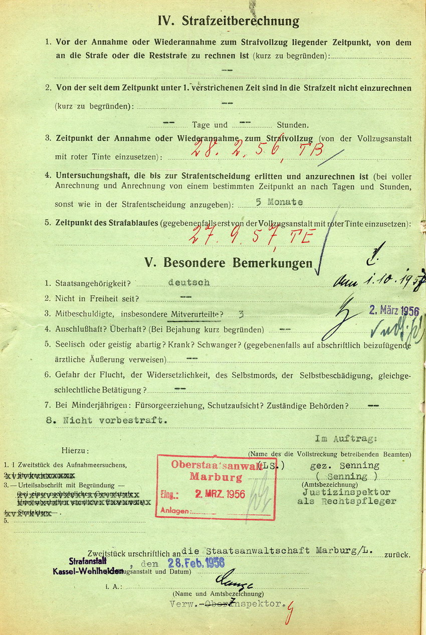 Vollstreckung des Urteils des Landgerichts Kassel vom 16.12.1954 gegen Walter Biedermann betreffend Beteiligung an der "Judenaktion" vom 8. November 1938 in Kirchhain, 8. November 1955