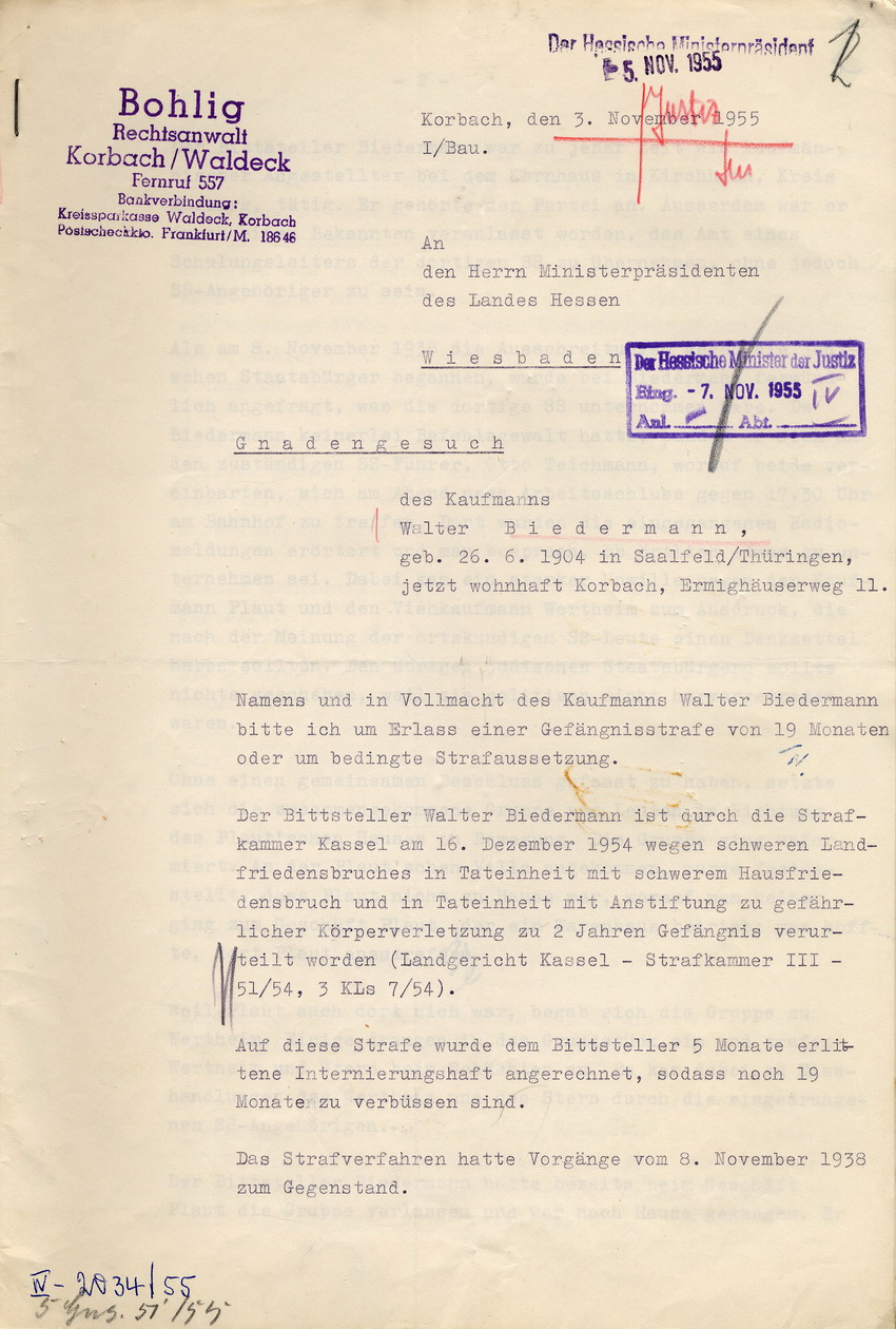 Gnadengesuch von Walter Biedermann nach Verurteilung wegen Beteiligung an der Kirchhainer "Judenaktion vom 8. November 1938, 3. November 1955