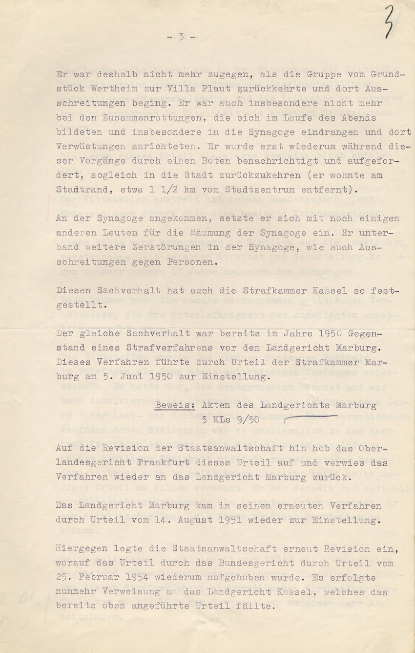 Gnadengesuch von Walter Biedermann nach Verurteilung wegen Beteiligung an der Kirchhainer "Judenaktion vom 8. November 1938, 3. November 1955