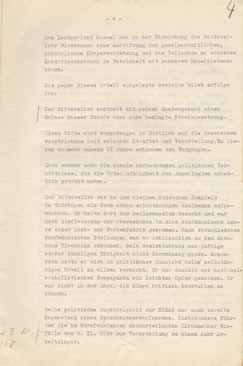Gnadengesuch von Walter Biedermann nach Verurteilung wegen Beteiligung an der Kirchhainer "Judenaktion vom 8. November 1938, 3. November 1955