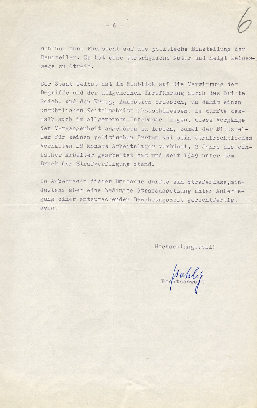 Gnadengesuch von Walter Biedermann nach Verurteilung wegen Beteiligung an der Kirchhainer "Judenaktion vom 8. November 1938, 3. November 1955
