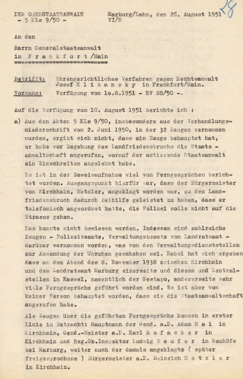 Schreiben des Oberstaatsanwalts Marburg an den Generalstaatsanwalt Frankfurt/M. betreffend mögliche Einweihung der Staatsanwaltschaft in die Kirchhainer "Judenaktion" vom 8. November 1938, 26. August 1951