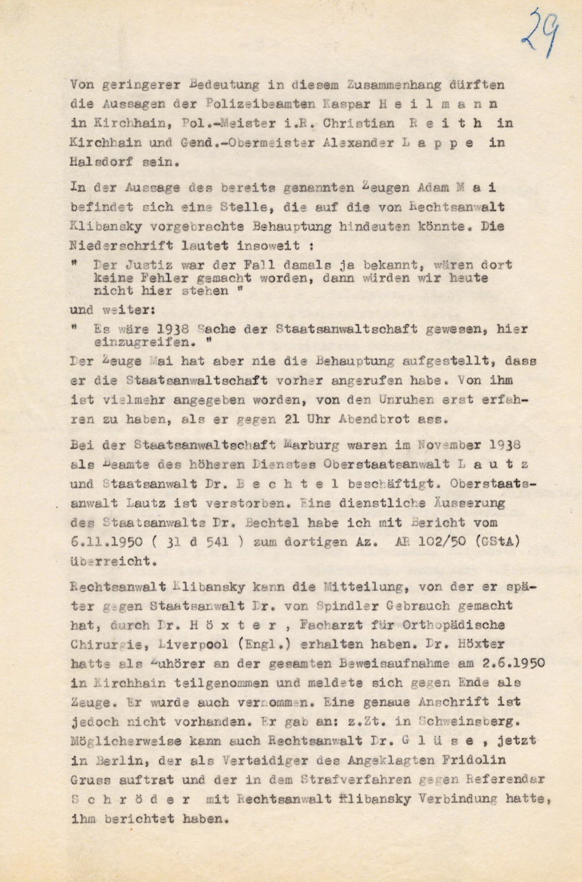 Schreiben des Oberstaatsanwalts Marburg an den Generalstaatsanwalt Frankfurt/M. betreffend mögliche Einweihung der Staatsanwaltschaft in die Kirchhainer "Judenaktion" vom 8. November 1938, 26. August 1951
