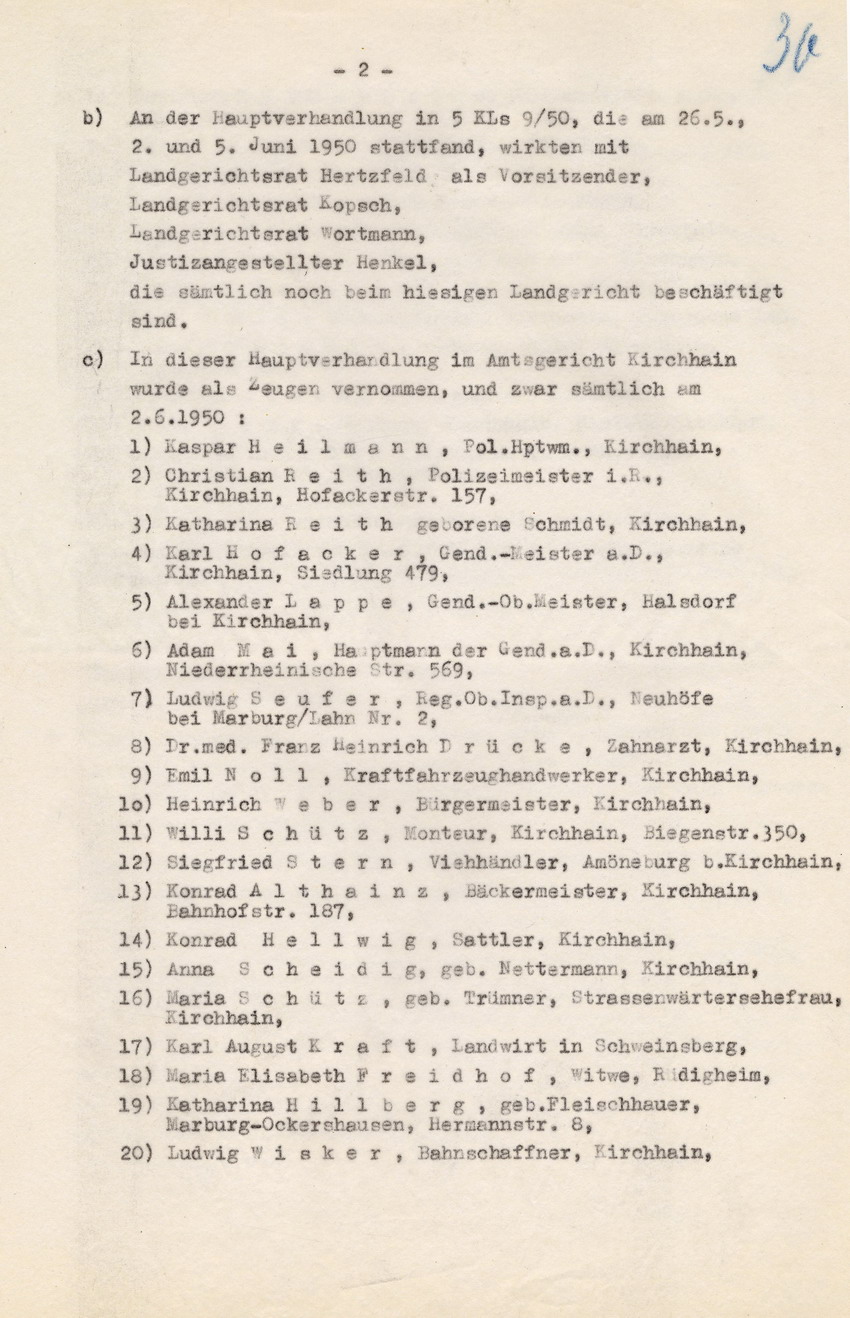 Schreiben des Oberstaatsanwalts Marburg an den Generalstaatsanwalt Frankfurt/M. betreffend mögliche Einweihung der Staatsanwaltschaft in die Kirchhainer "Judenaktion" vom 8. November 1938, 26. August 1951