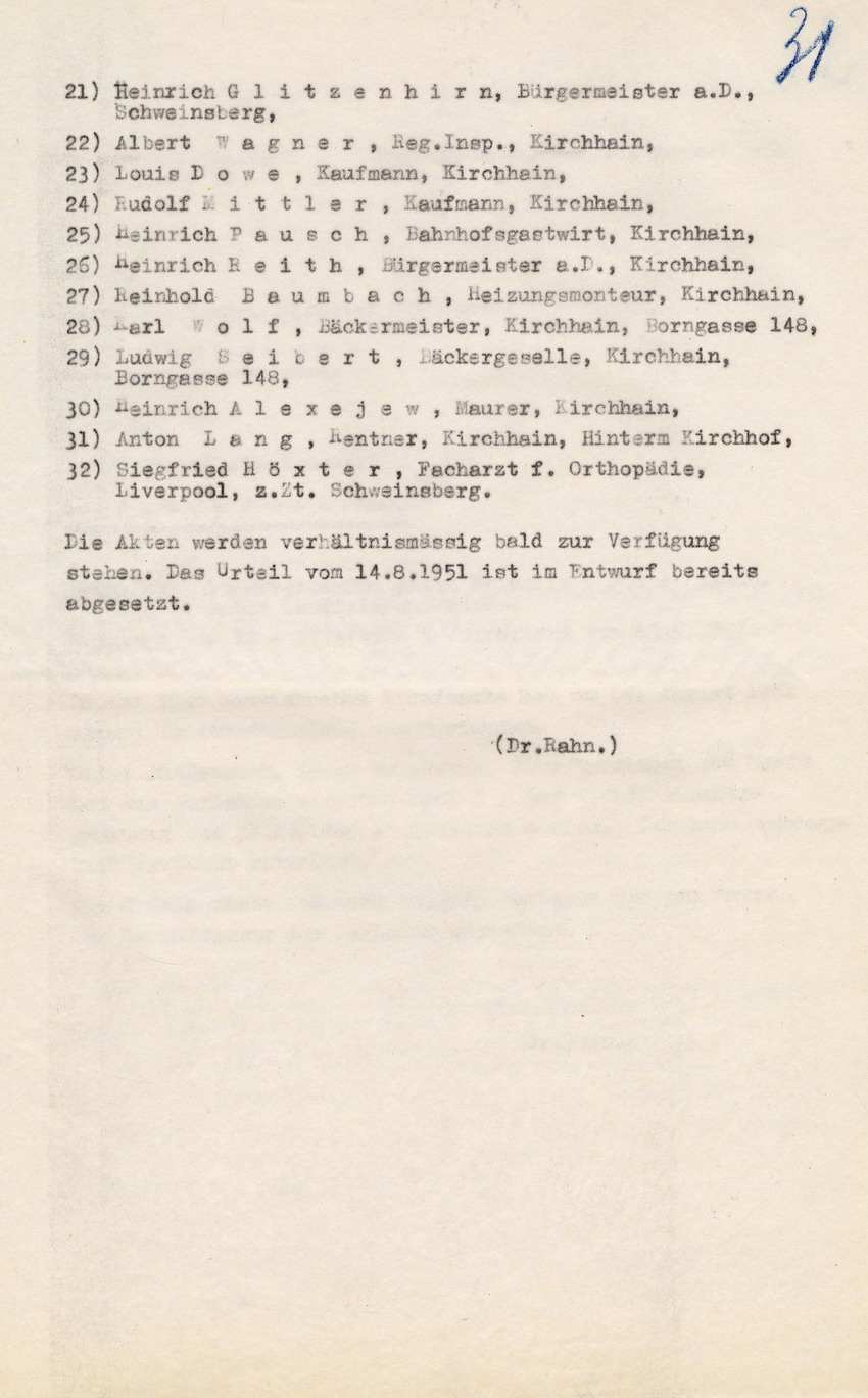 Schreiben des Oberstaatsanwalts Marburg an den Generalstaatsanwalt Frankfurt/M. betreffend mögliche Einweihung der Staatsanwaltschaft in die Kirchhainer "Judenaktion" vom 8. November 1938, 26. August 1951