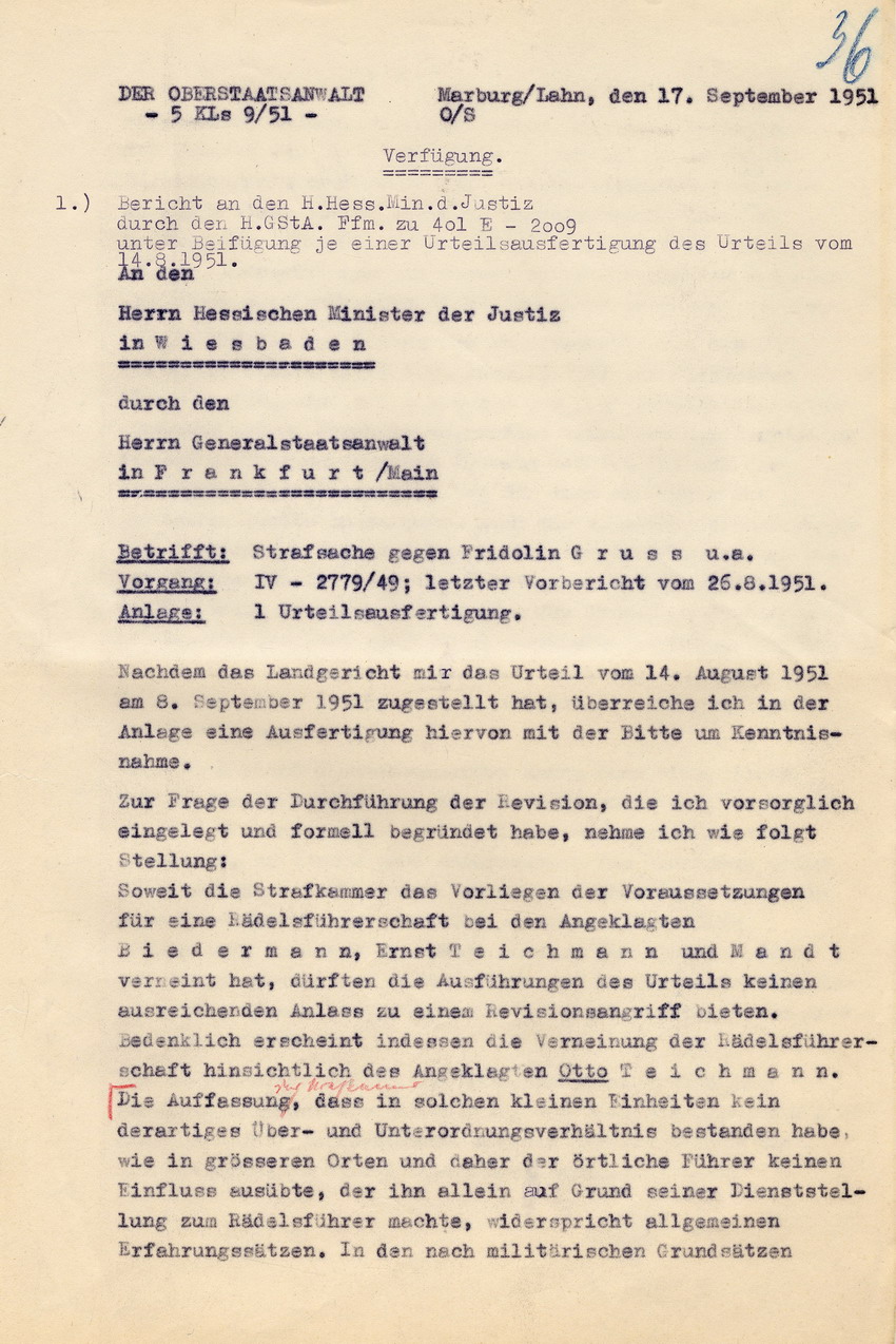 Schreiben des Oberstaatsanwaltes in Marburg an den hessischen Justizminister betreffend Revision im Gerichtsverfahren der Kirchhainer "Judenaktion" 1938, 17. September 1951.