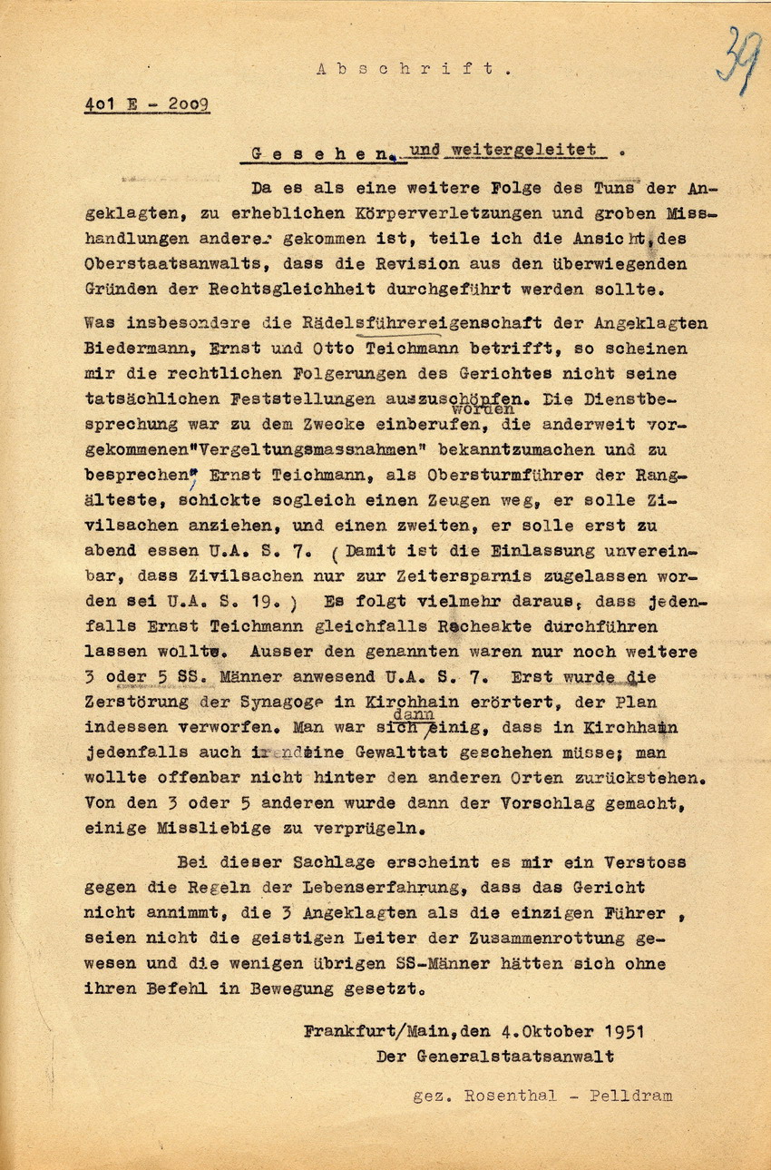 Schreiben des Oberstaatsanwaltes in Marburg an den hessischen Justizminister betreffend Revision im Gerichtsverfahren der Kirchhainer "Judenaktion" 1938, 17. September 1951.