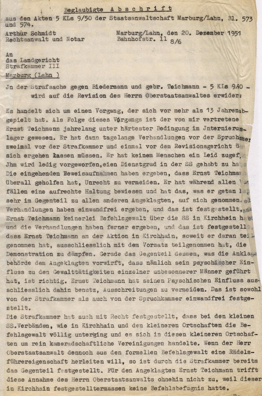 Schreiben des Rechtsanwaltes von Ernst Teichmann an das Landgericht Marburg betreffend Stellungnahme zum Antrag auf Revision im Verfahren gegen die Beteiligter der Kirchhainer "Judenaktion" von 1938, 20. Dezember 1951.