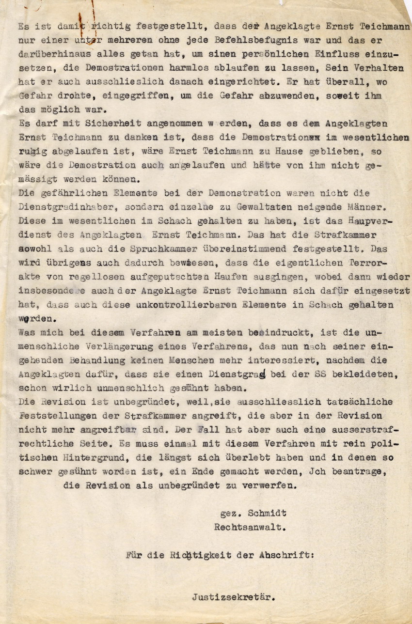 Schreiben des Rechtsanwaltes von Ernst Teichmann an das Landgericht Marburg betreffend Stellungnahme zum Antrag auf Revision im Verfahren gegen die Beteiligter der Kirchhainer "Judenaktion" von 1938, 20. Dezember 1951.