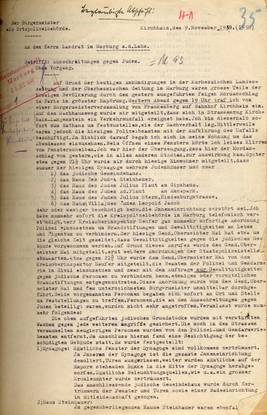 Bericht des Kirchhainer Bürgermeisters an den Landrat in Marburg betreffend Ausschreitungen gegen Juden in Kirchain am 8. November 1938, 9. November 1938.