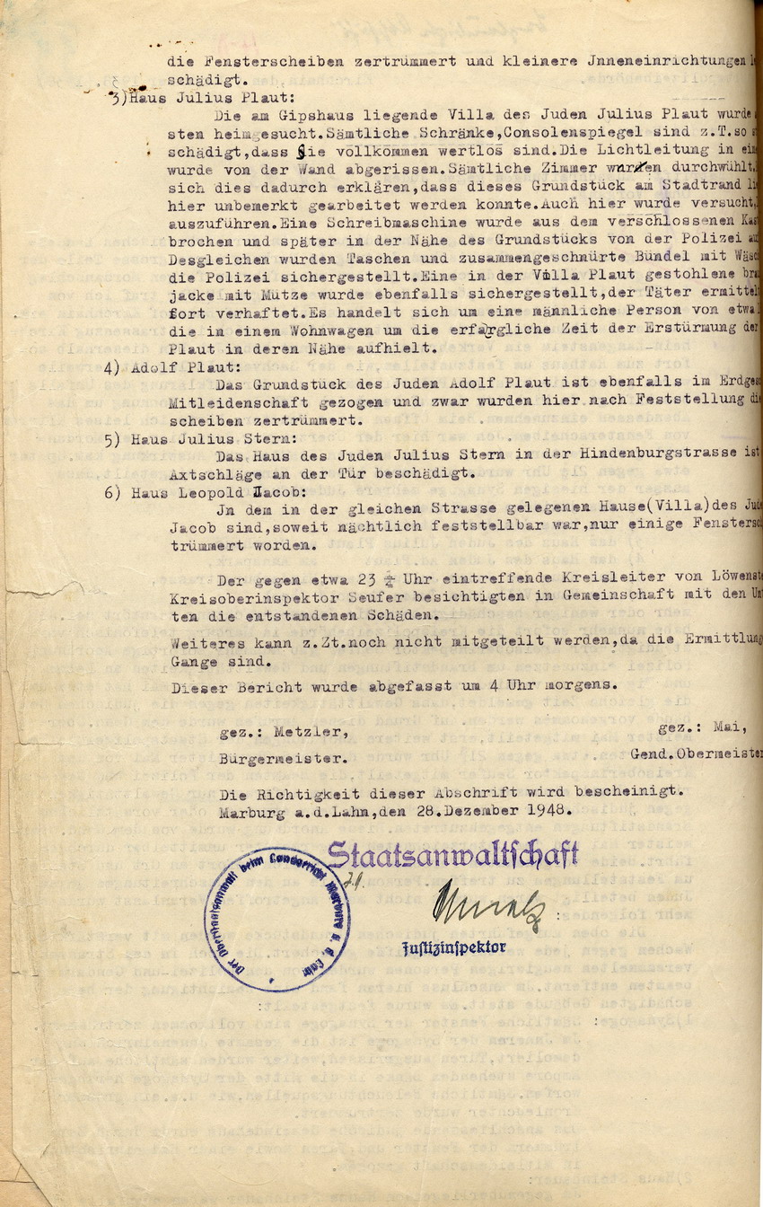 Bericht des Kirchhainer Bürgermeisters an den Landrat in Marburg betreffend Ausschreitungen gegen Juden in Kirchain am 8. November 1938, 9. November 1938.