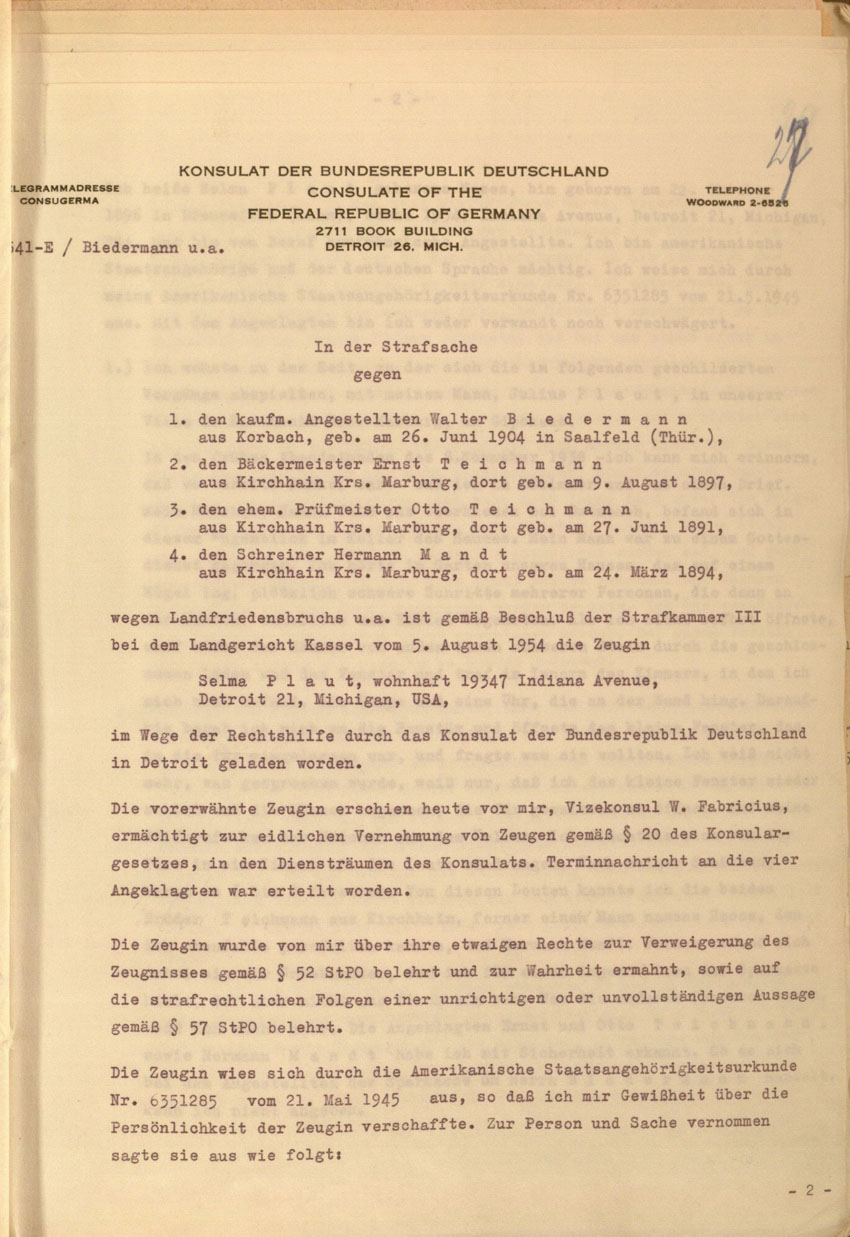 Zeugenaussage von Selma Plaut betreffend Tathergang der Kirchhainer "Judenaktion" von 1938, 8. Oktober 1954.
