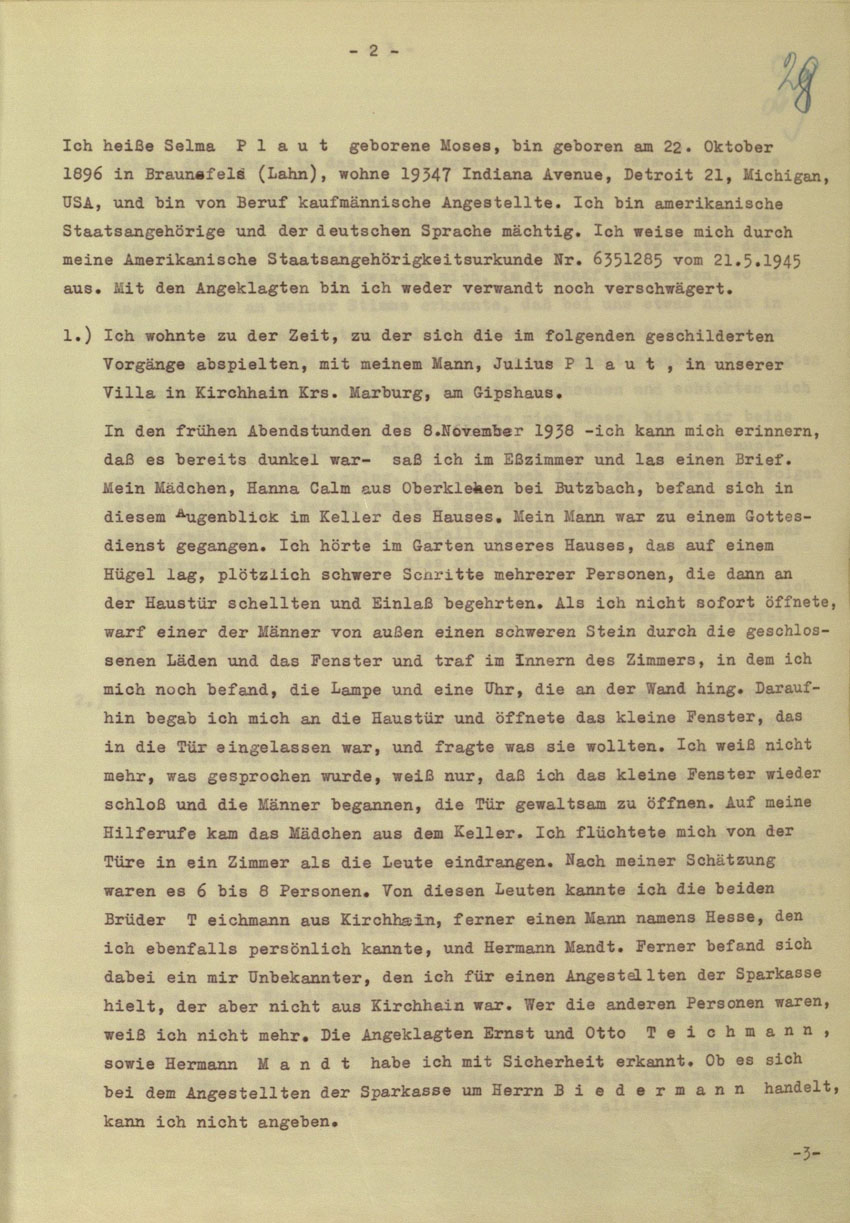 Zeugenaussage von Selma Plaut betreffend Tathergang der Kirchhainer "Judenaktion" von 1938, 8. Oktober 1954.
