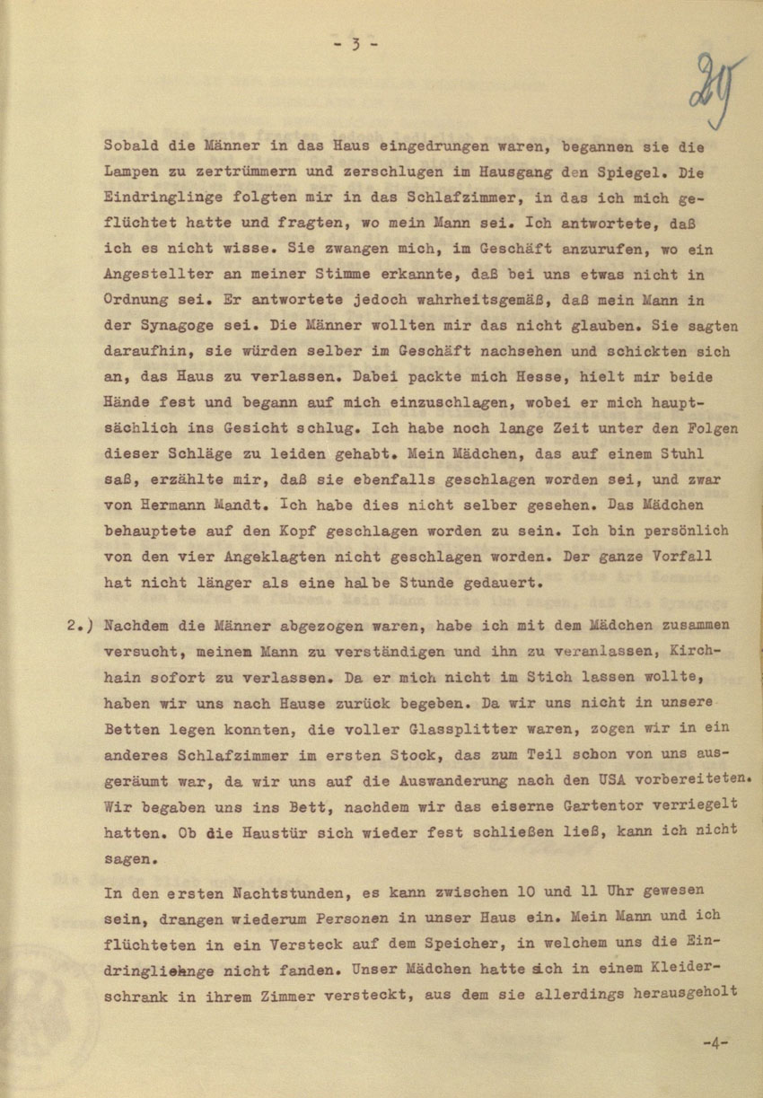 Zeugenaussage von Selma Plaut betreffend Tathergang der Kirchhainer "Judenaktion" von 1938, 8. Oktober 1954.