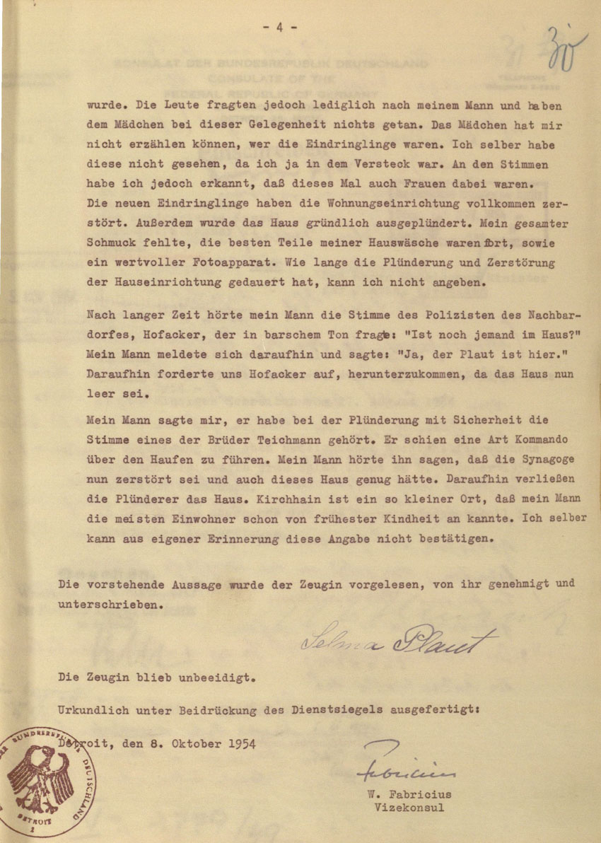 Zeugenaussage von Selma Plaut betreffend Tathergang der Kirchhainer "Judenaktion" von 1938, 8. Oktober 1954.