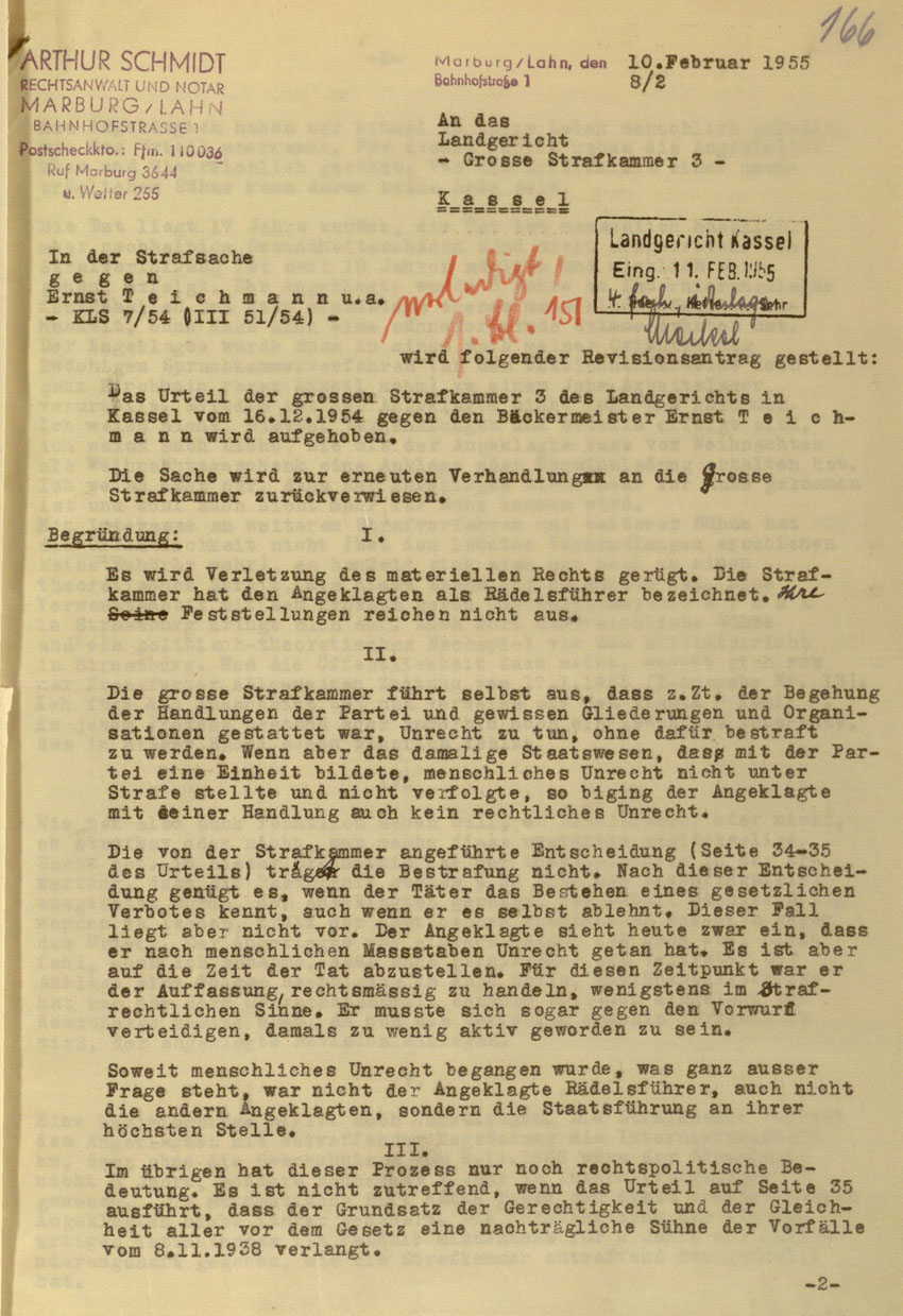 Schreiben des Rechtsanwaltes von Ernst Teichmann an das Landgericht Marburg betreffend Antrag auf Revision im Verfahren gegen die Urheber der Kirchhainer "Judenaktion" von 1938, 10. Februar 1955.