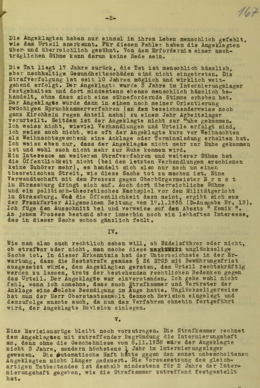 Schreiben des Rechtsanwaltes von Ernst Teichmann an das Landgericht Marburg betreffend Antrag auf Revision im Verfahren gegen die Urheber der Kirchhainer "Judenaktion" von 1938, 10. Februar 1955.