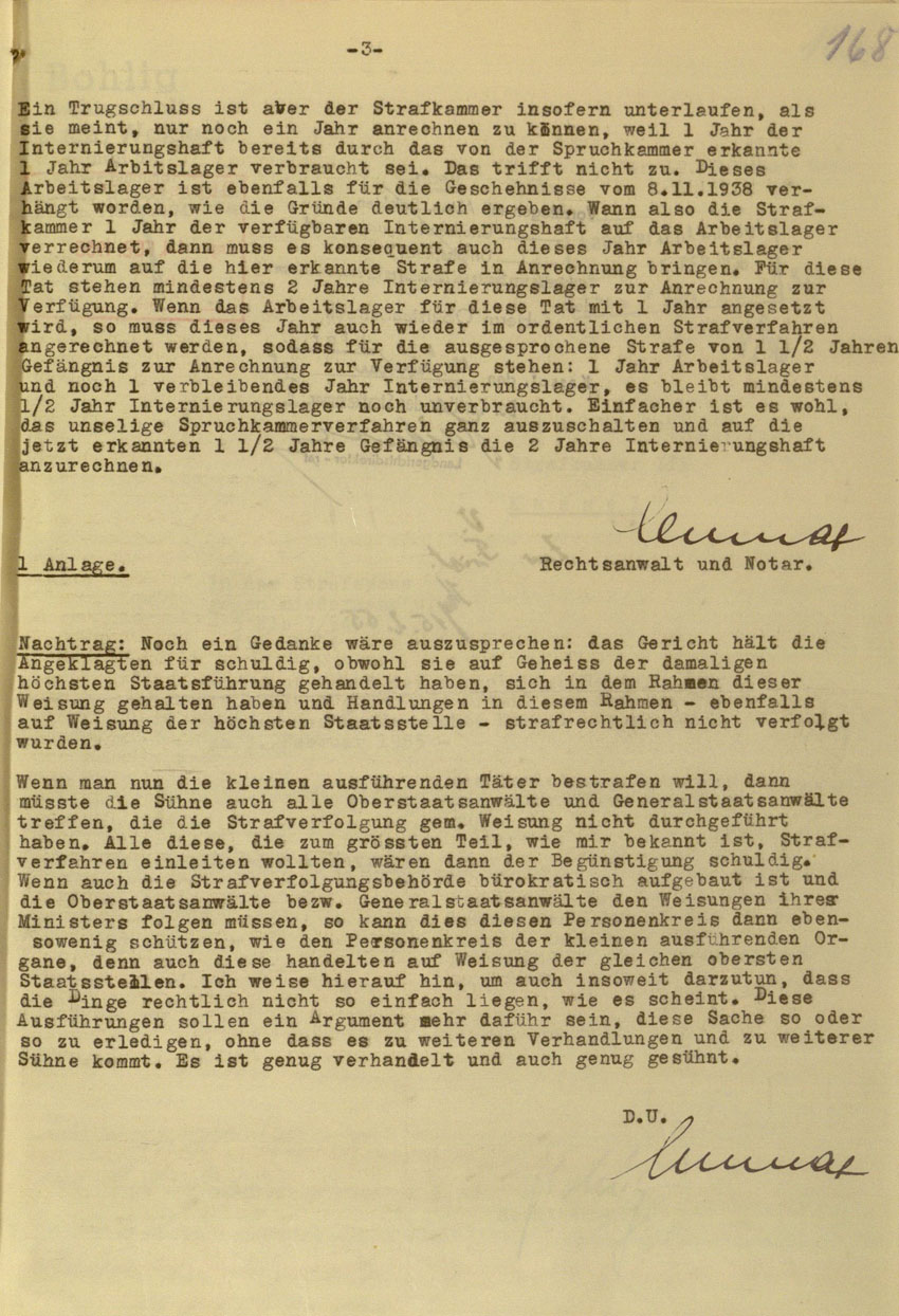 Schreiben des Rechtsanwaltes von Ernst Teichmann an das Landgericht Marburg betreffend Antrag auf Revision im Verfahren gegen die Urheber der Kirchhainer "Judenaktion" von 1938, 10. Februar 1955.