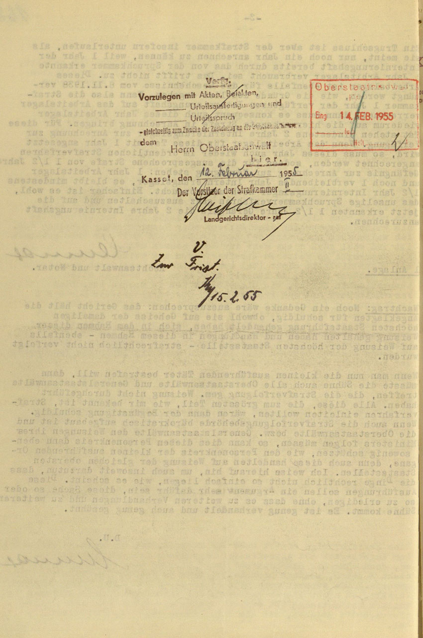 Schreiben des Rechtsanwaltes von Ernst Teichmann an das Landgericht Marburg betreffend Antrag auf Revision im Verfahren gegen die Urheber der Kirchhainer "Judenaktion" von 1938, 10. Februar 1955.