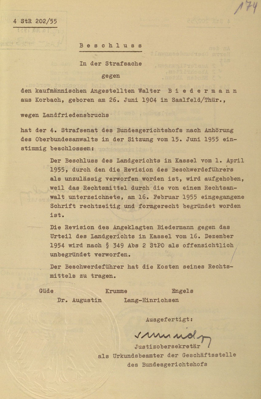 Beschluss des Bundesgerichtshofes betreffend Zurückweisung der Revision von Walter Biedermann im Prozess um die Kirchhainer "Judenaktion" 1938, 15. Juni 1955