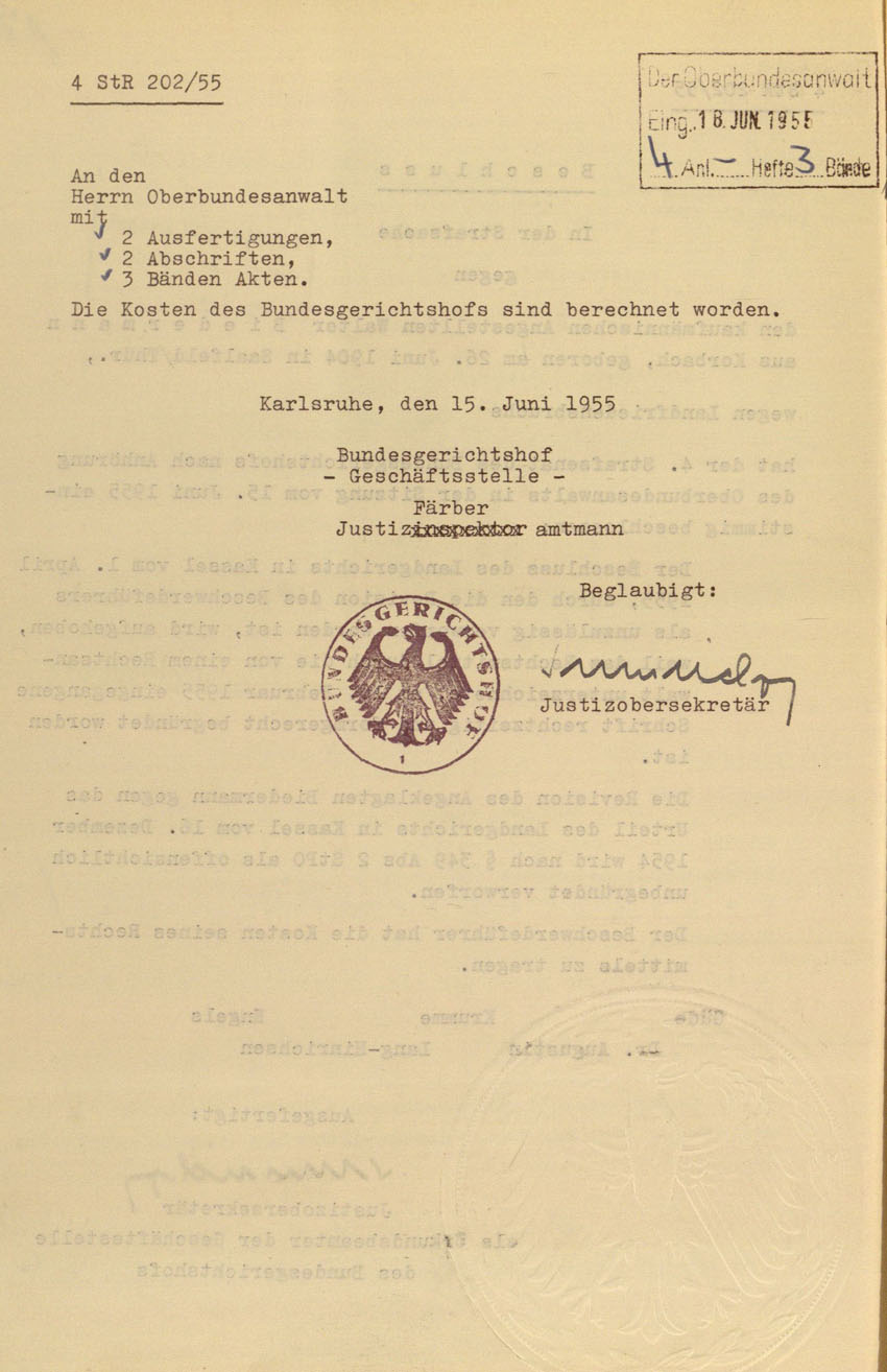 Beschluss des Bundesgerichtshofes betreffend Zurückweisung der Revision von Walter Biedermann im Prozess um die Kirchhainer "Judenaktion" 1938, 15. Juni 1955